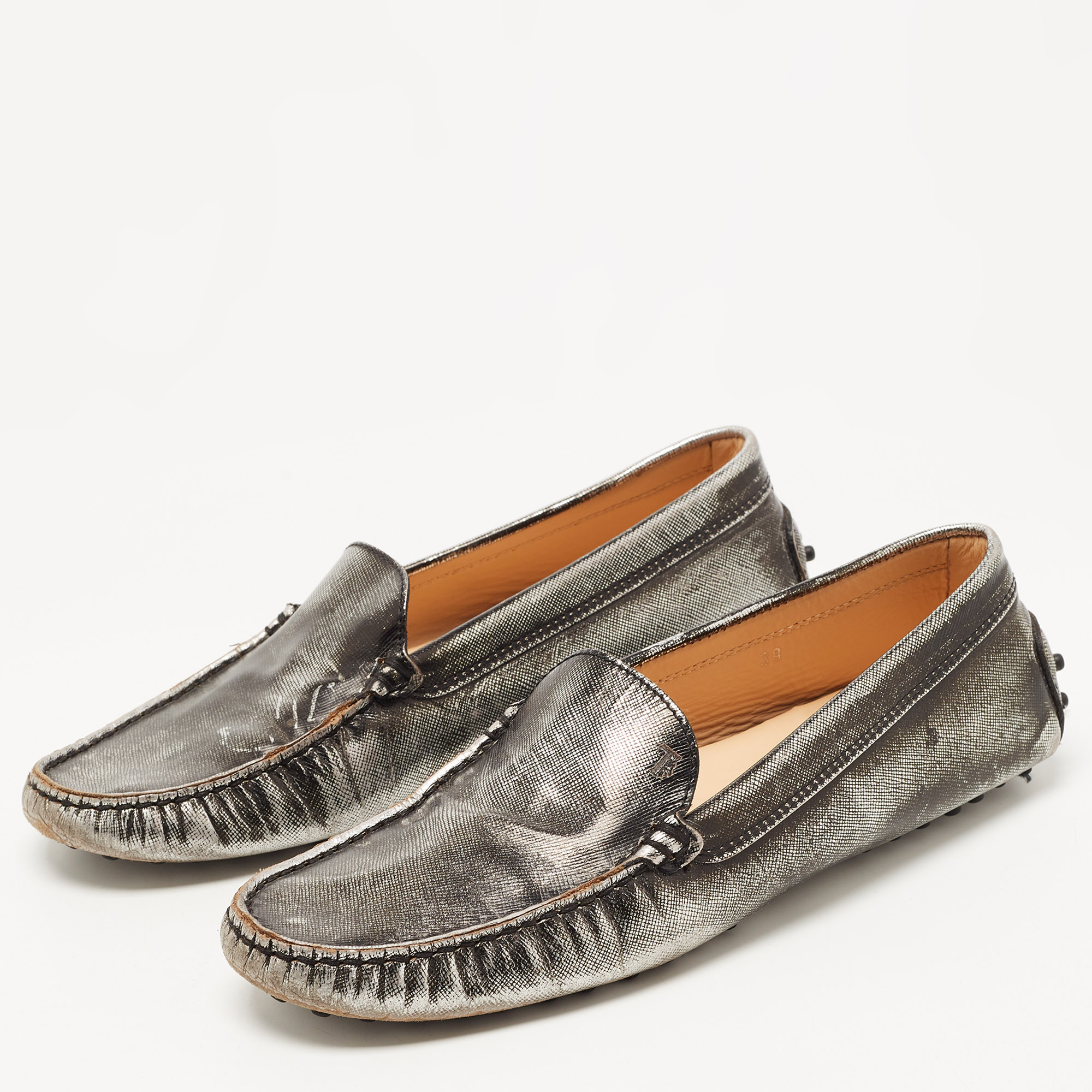 

Tod's Metallic Leather Slip On Loafers Size