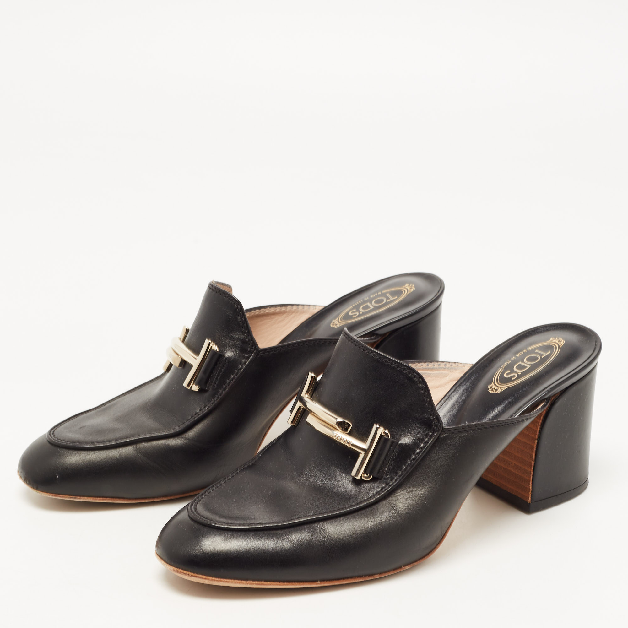 

Tod's Black Leather Double T Block Heel Mules Size