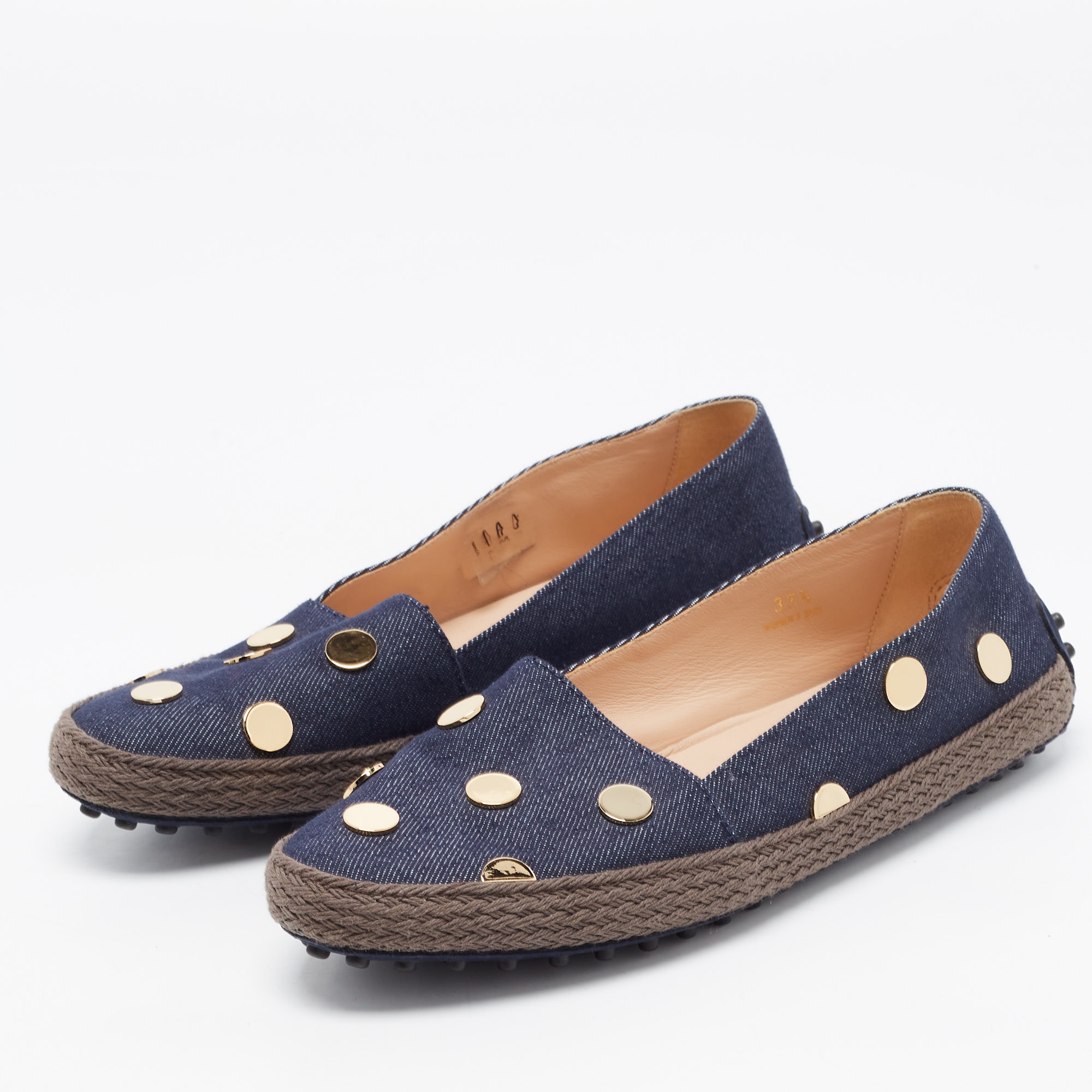 

Tod's Dark Wash Denim Studded Espadrille Flats Size, Blue