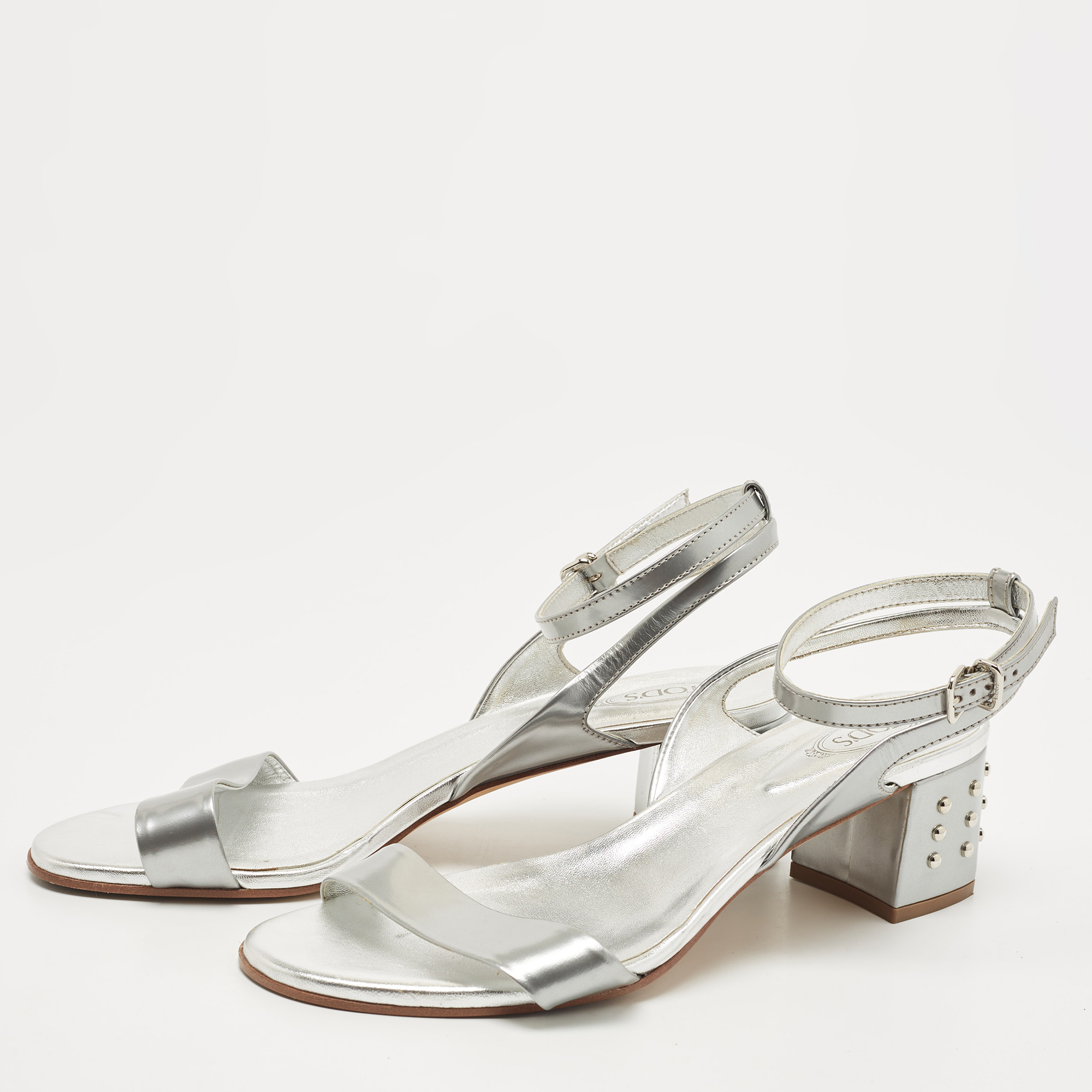 

Tod's Silver Foil Leather Studded Block Heel Ankle Strap Sandals Size