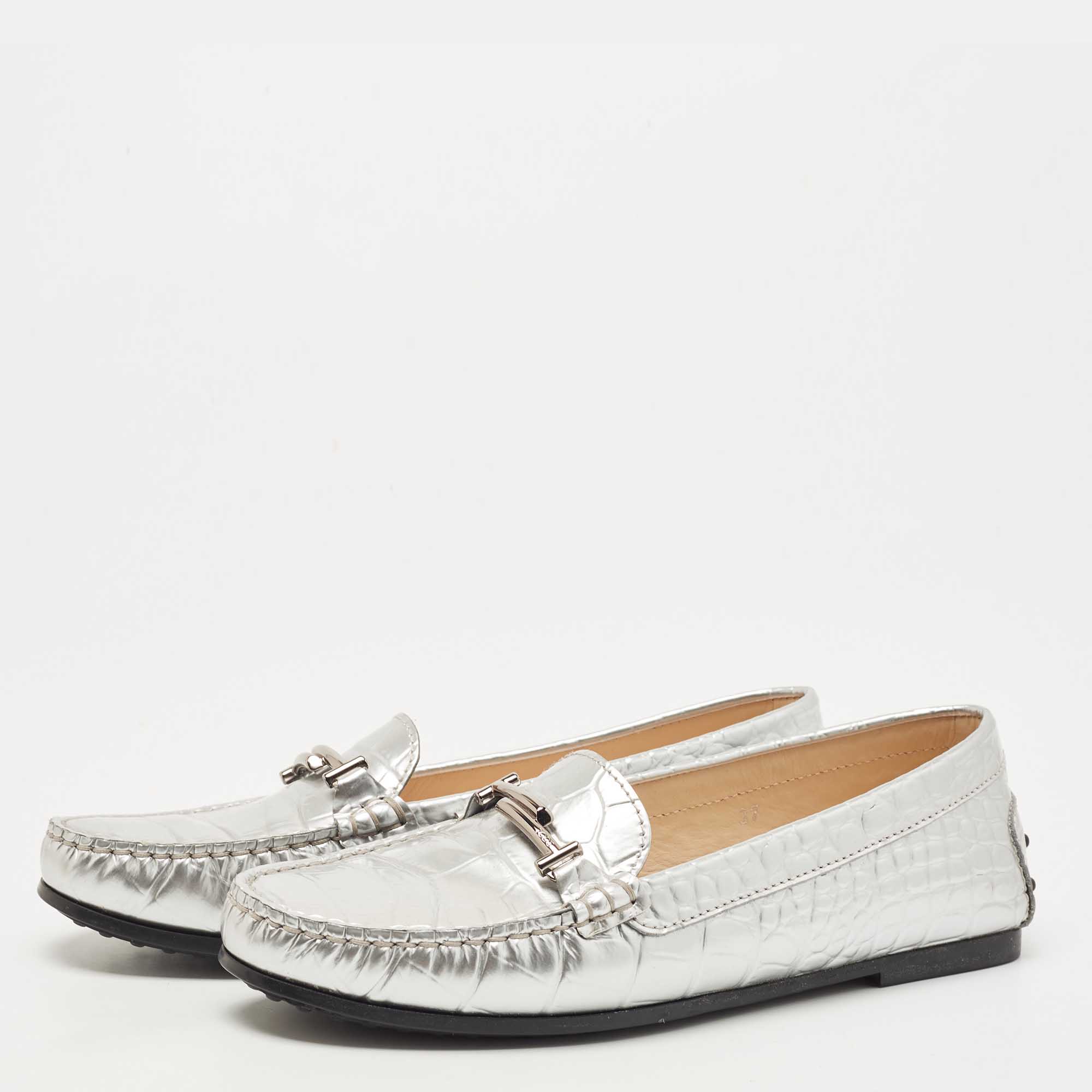 

Tod's Metallic Silver Croc Embossed Leather Double T Driving Loafers Size