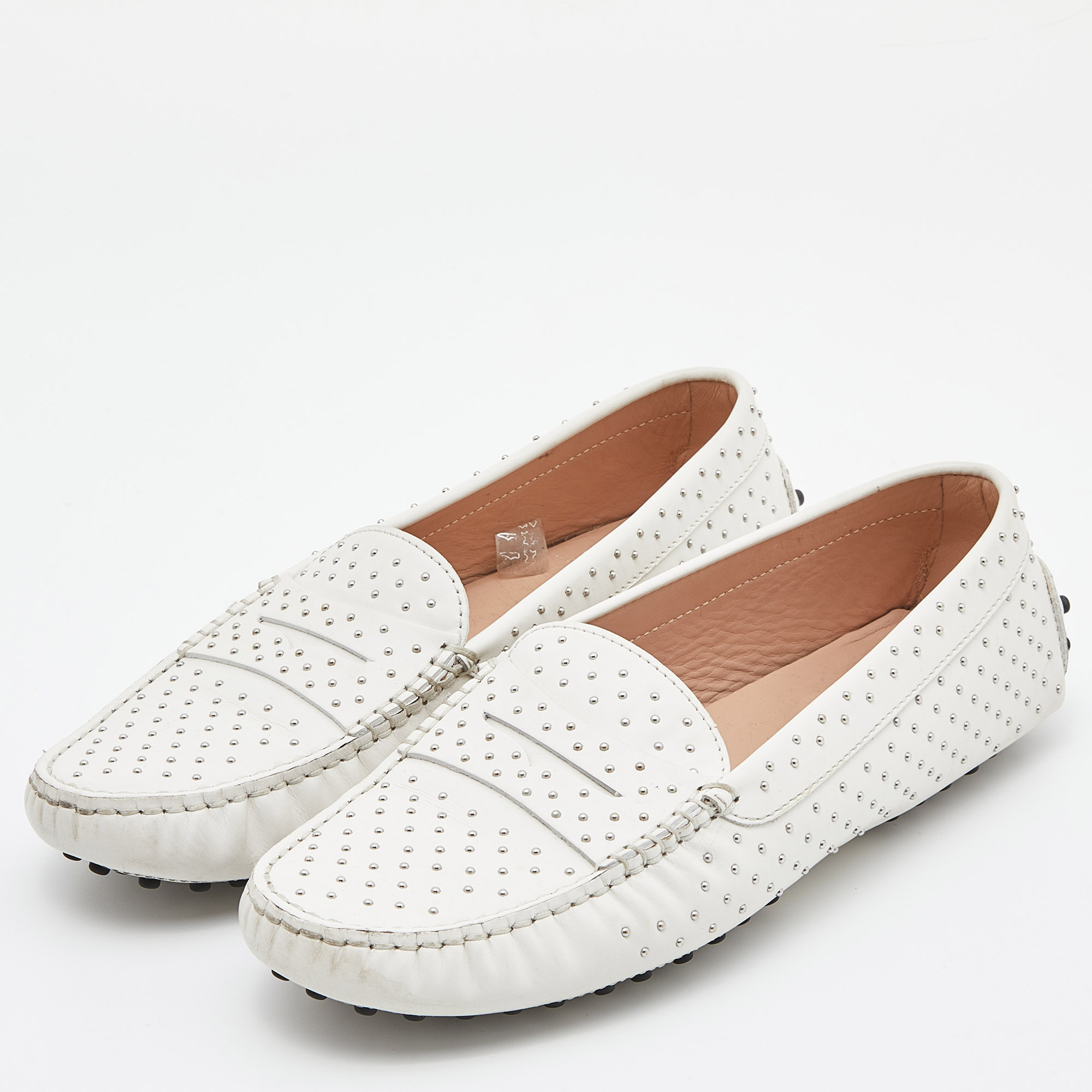 

Tod's White Leather Studded Gommino Slip On Loafers Size