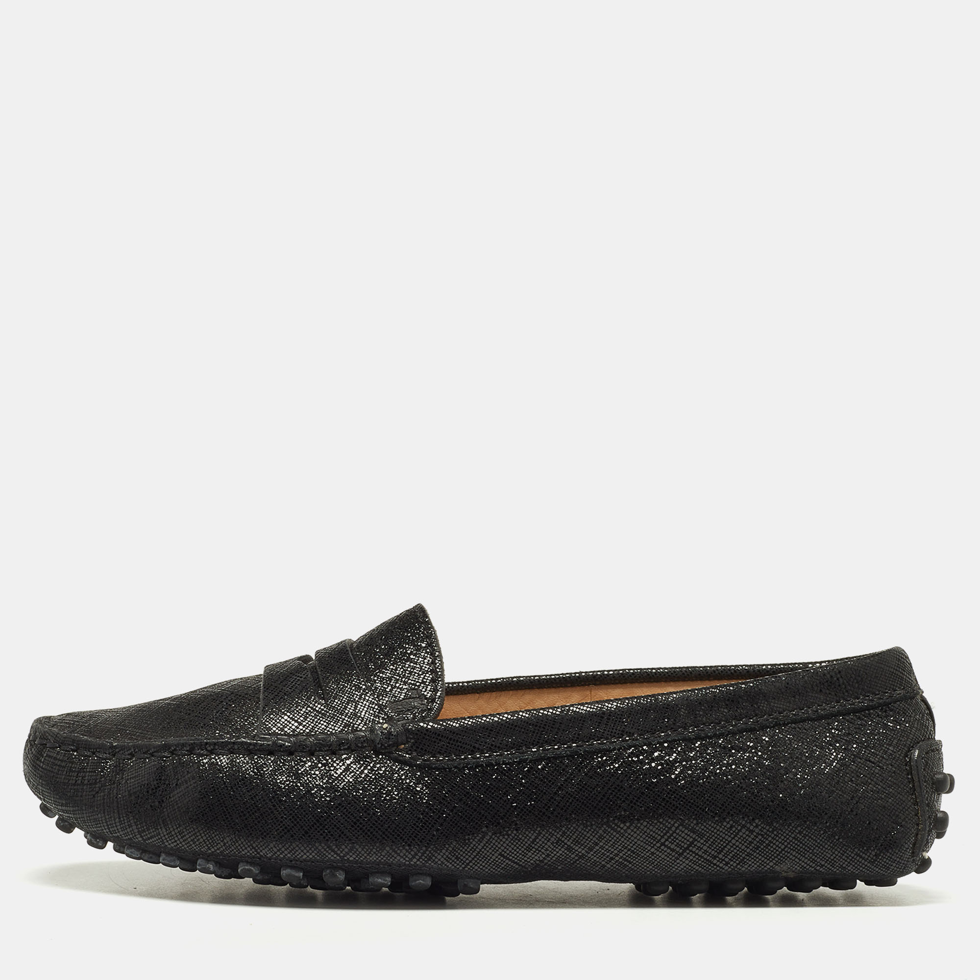 

Tod's Black Laminated Suede Penny Loafers Size