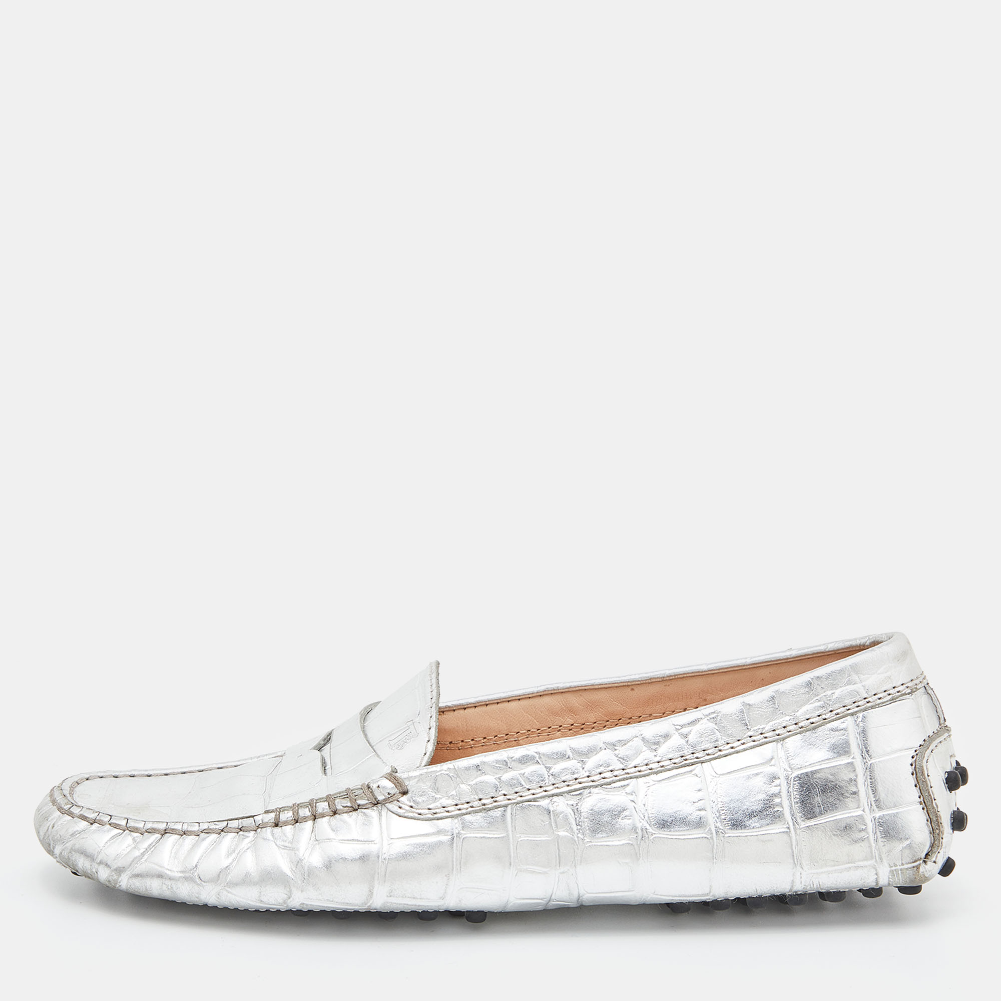 Pre-owned Tod's Silver Croc Embossed Leather Loafers Size 35.5
