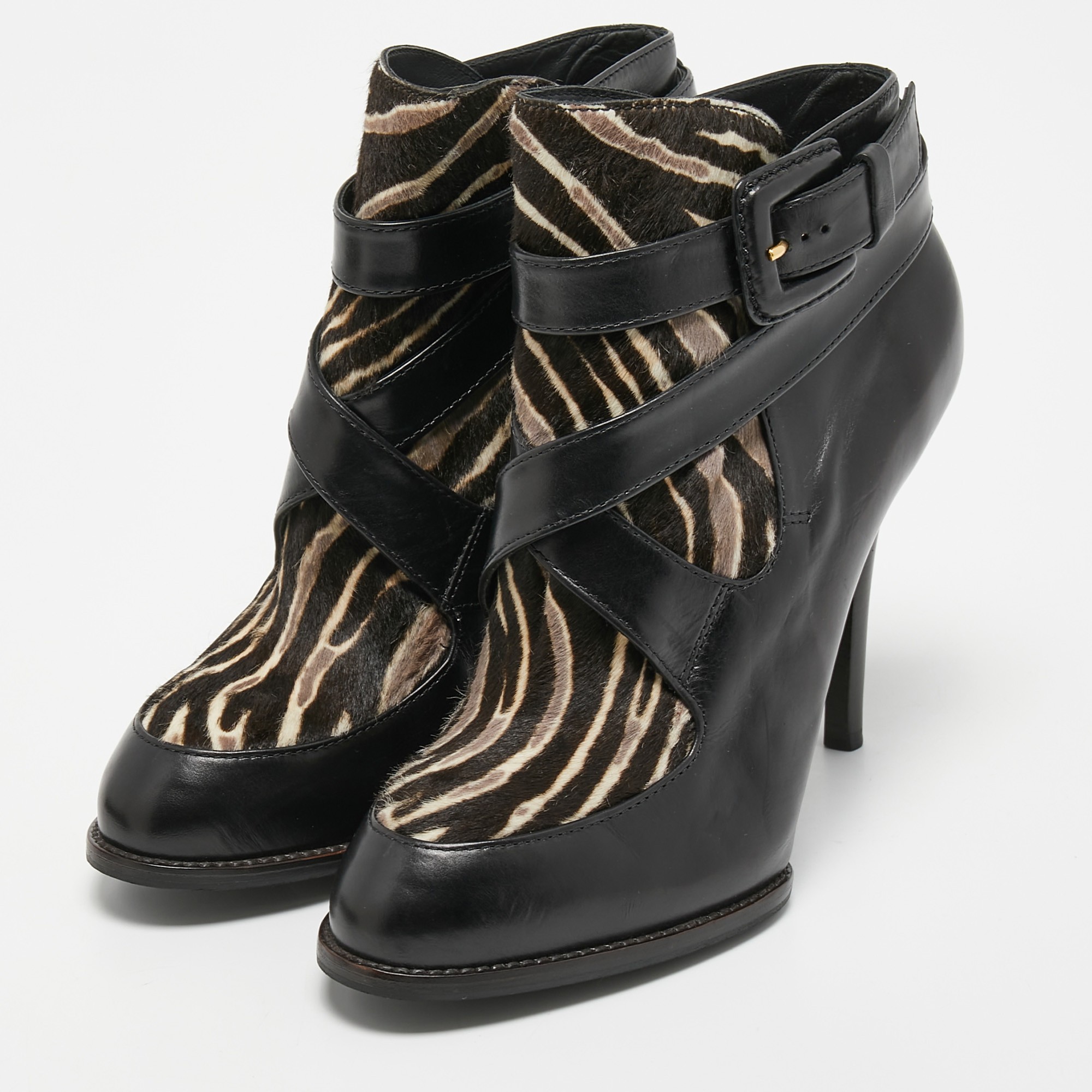 

Tod's Black/Brown Leather and Zebra Print Calf Hair Ankle Boots Size