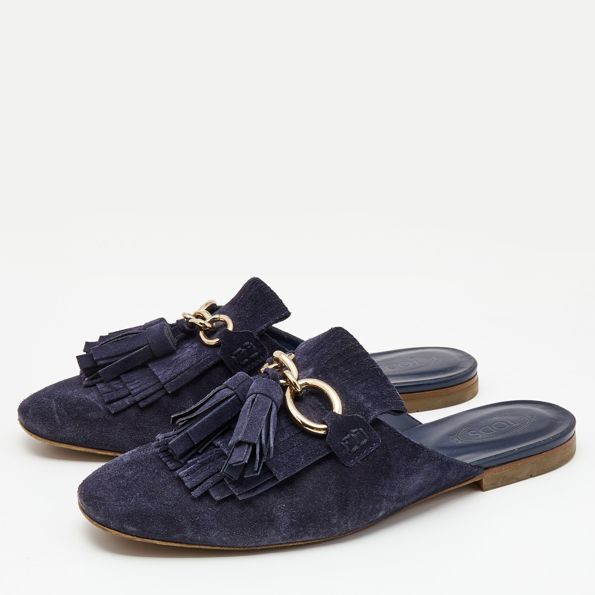 

Tod's Navy Blue Suede Tassel Fringe Flat Mules Size