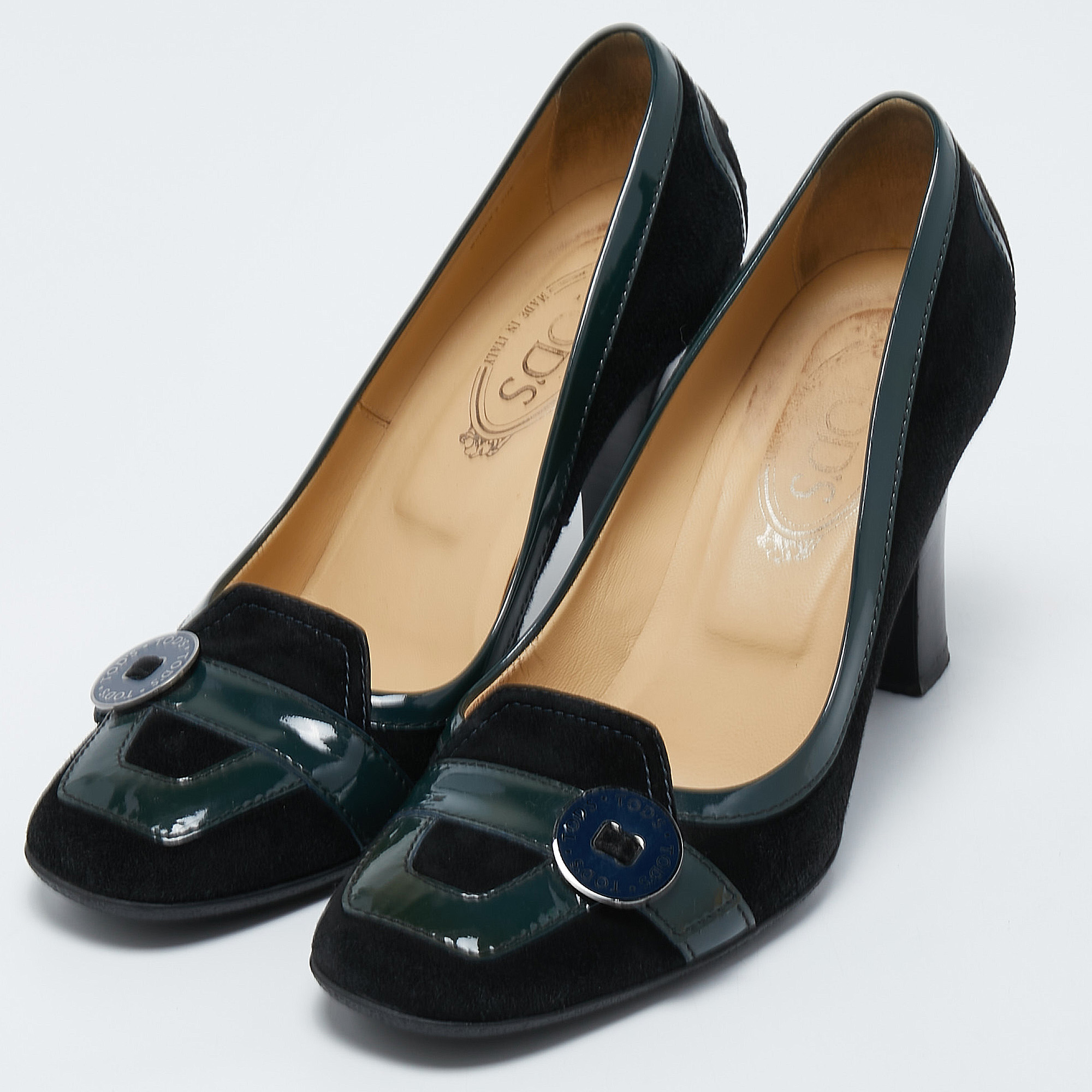 

Tod's Black/Green Suede and Patent Leather loafer Pumps Size