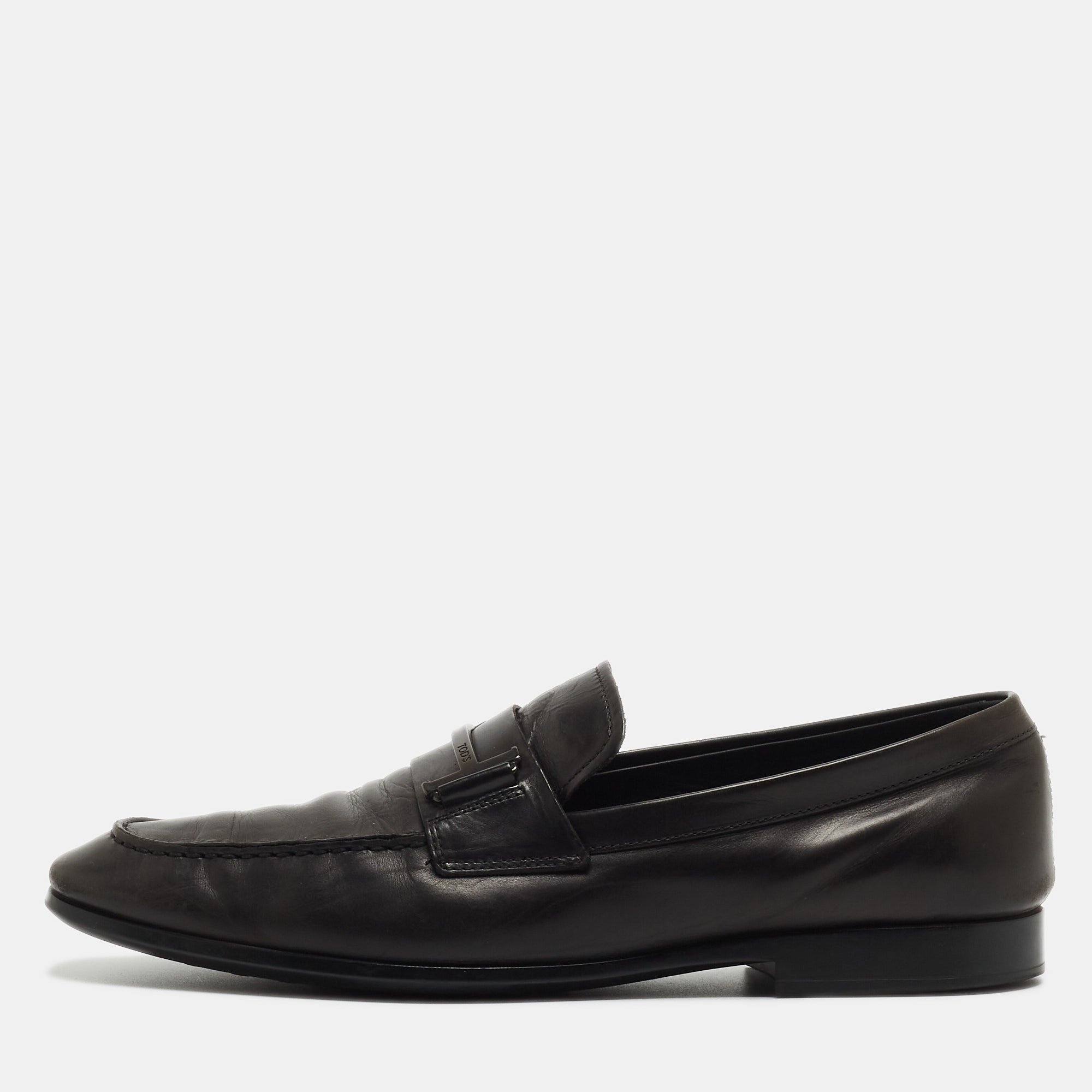 Pre-owned Tod's Black Leather Double T Slip On Loafers Size 43