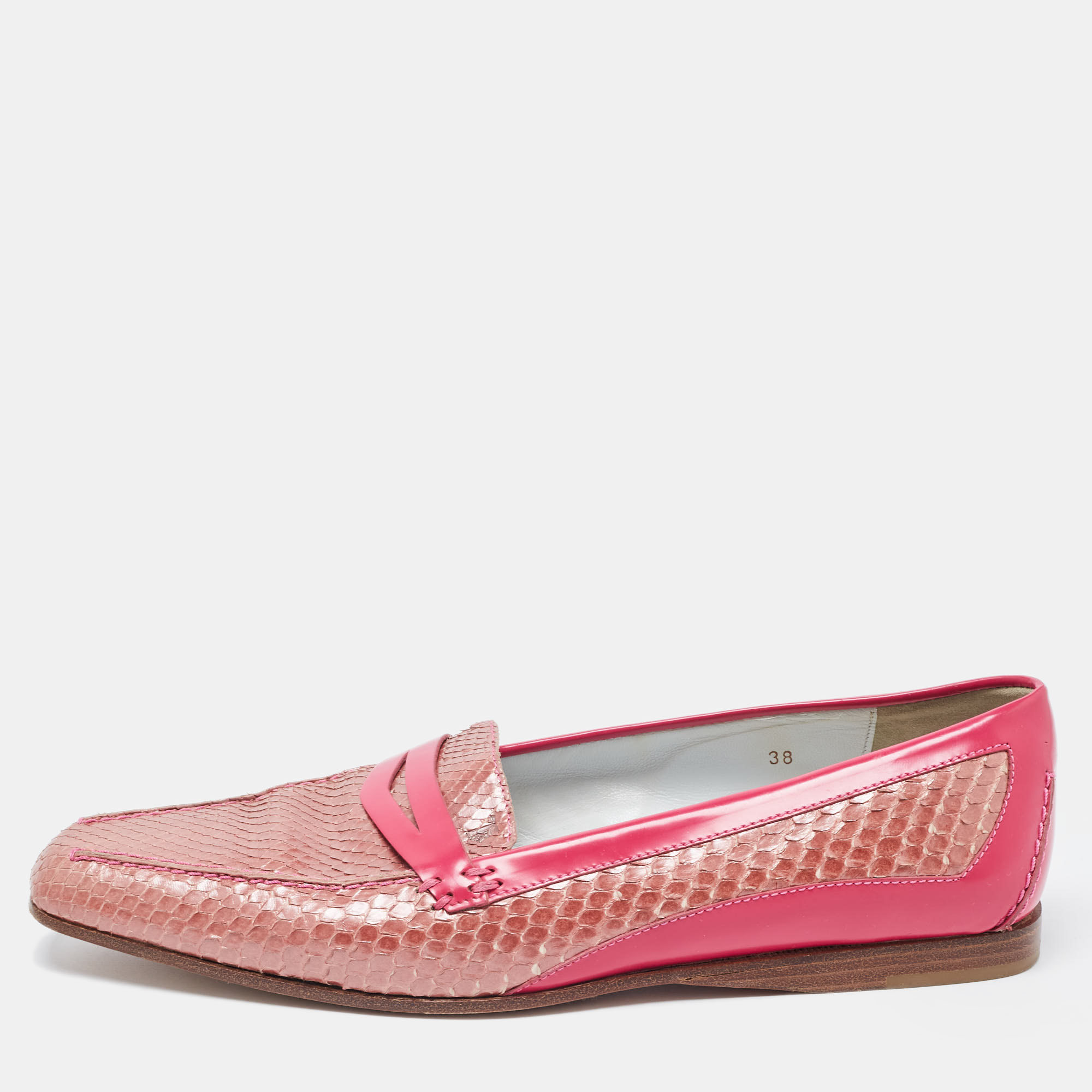 Pre-owned Tod's Two Tone Patent And Snakeskin Penny Loafers Size 38 In Pink