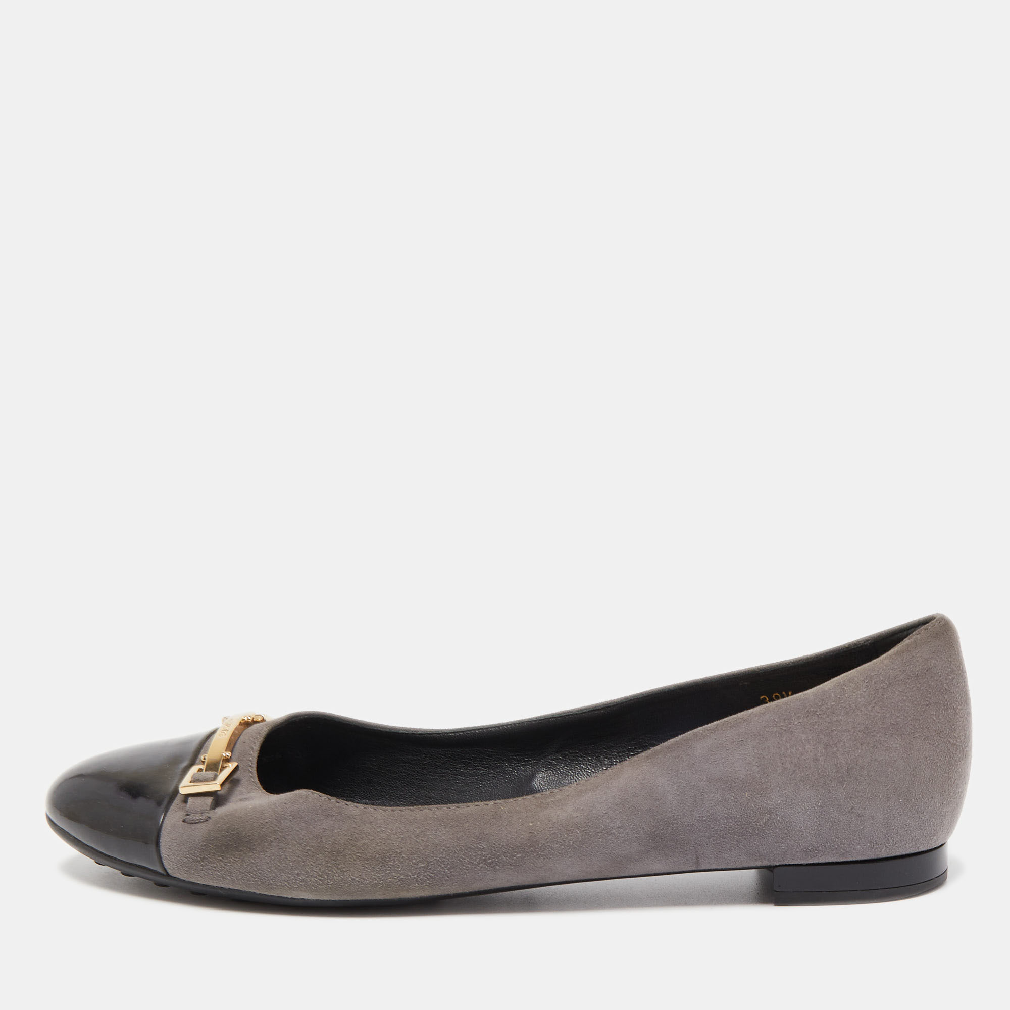

Tod's Grey/Black Suede And Patent Leather Cap Toe Buckle Ballet Flats Size