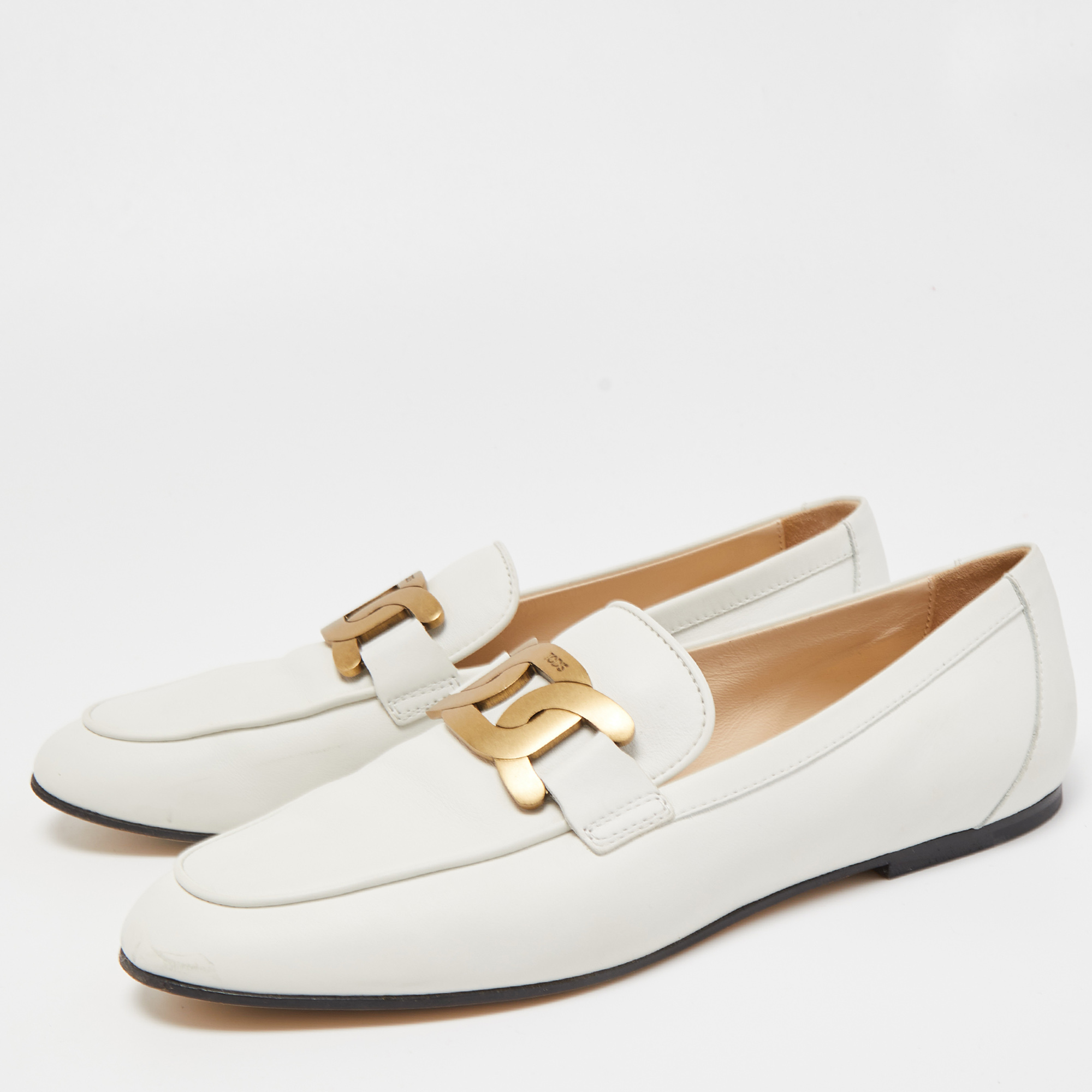 

Tod's Off White Leather Kate Chain Slip On Loafers Size