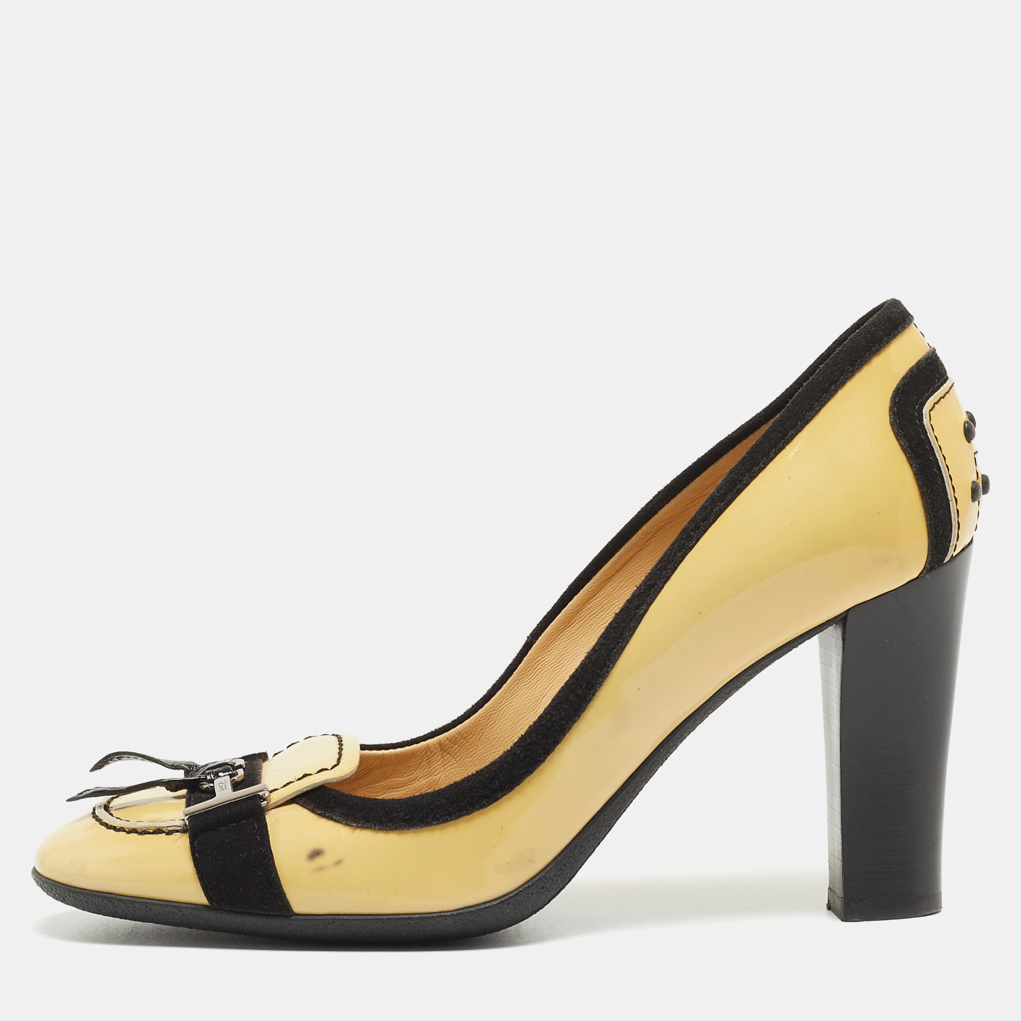 

Tod's Yellow/Black Patent Leather and Suede Loafer Pumps Size