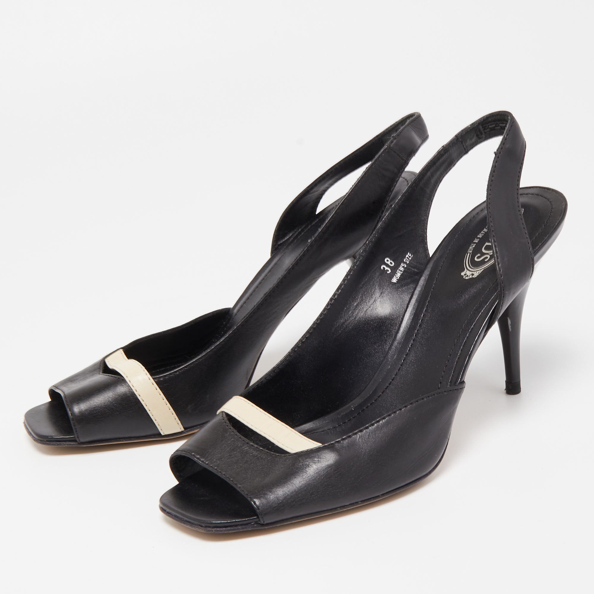 

Tod's Black/Cream Leather D'Orsay Open Toe Slingback Sandals Size