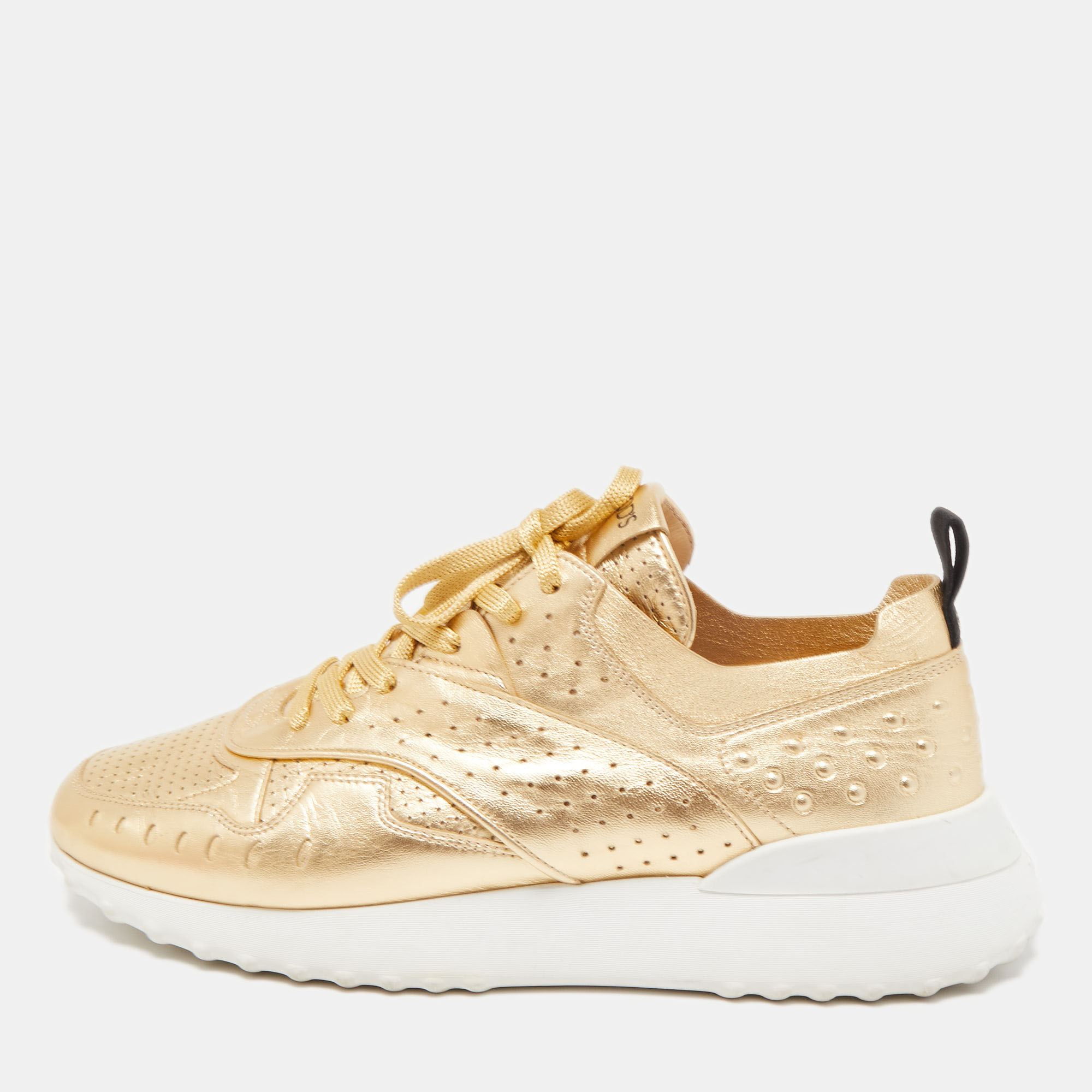 

Tod's Metallic Gold Perforated Leather Low Top Sneakers Size