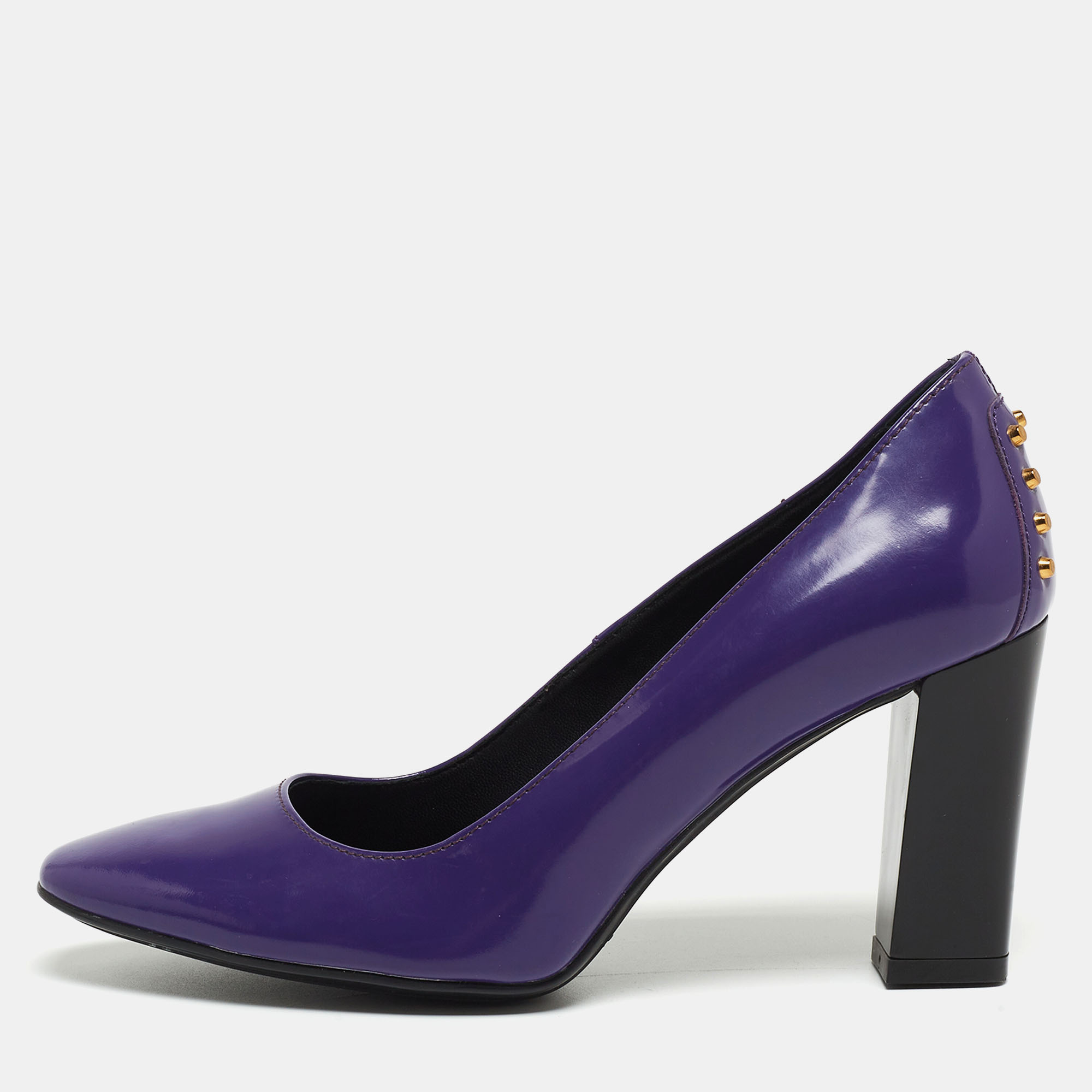 

Tod's Purple Patent Leather Studded Block Heel Pumps Size