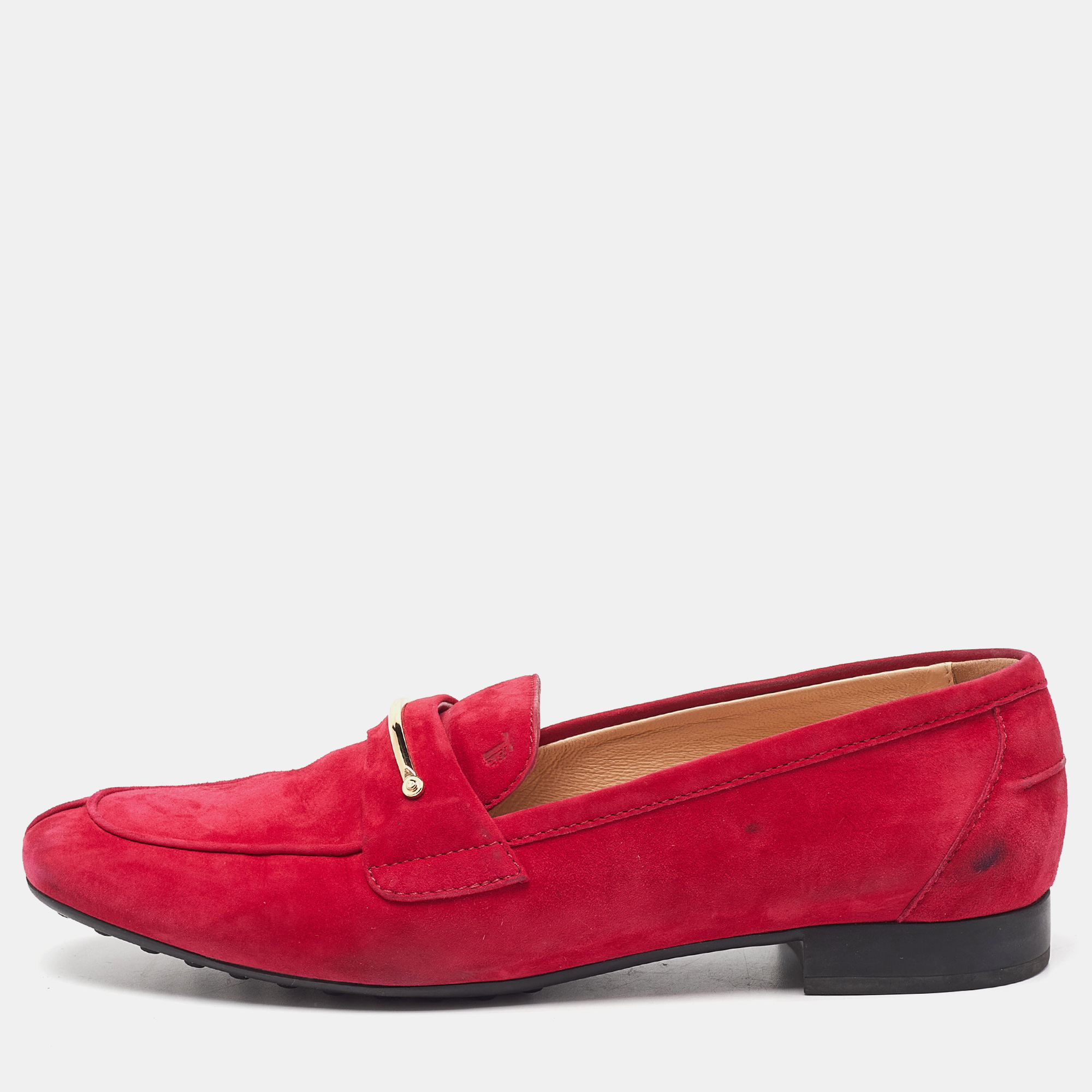 Pre-owned Tod's Red Suede Loafers Size 38