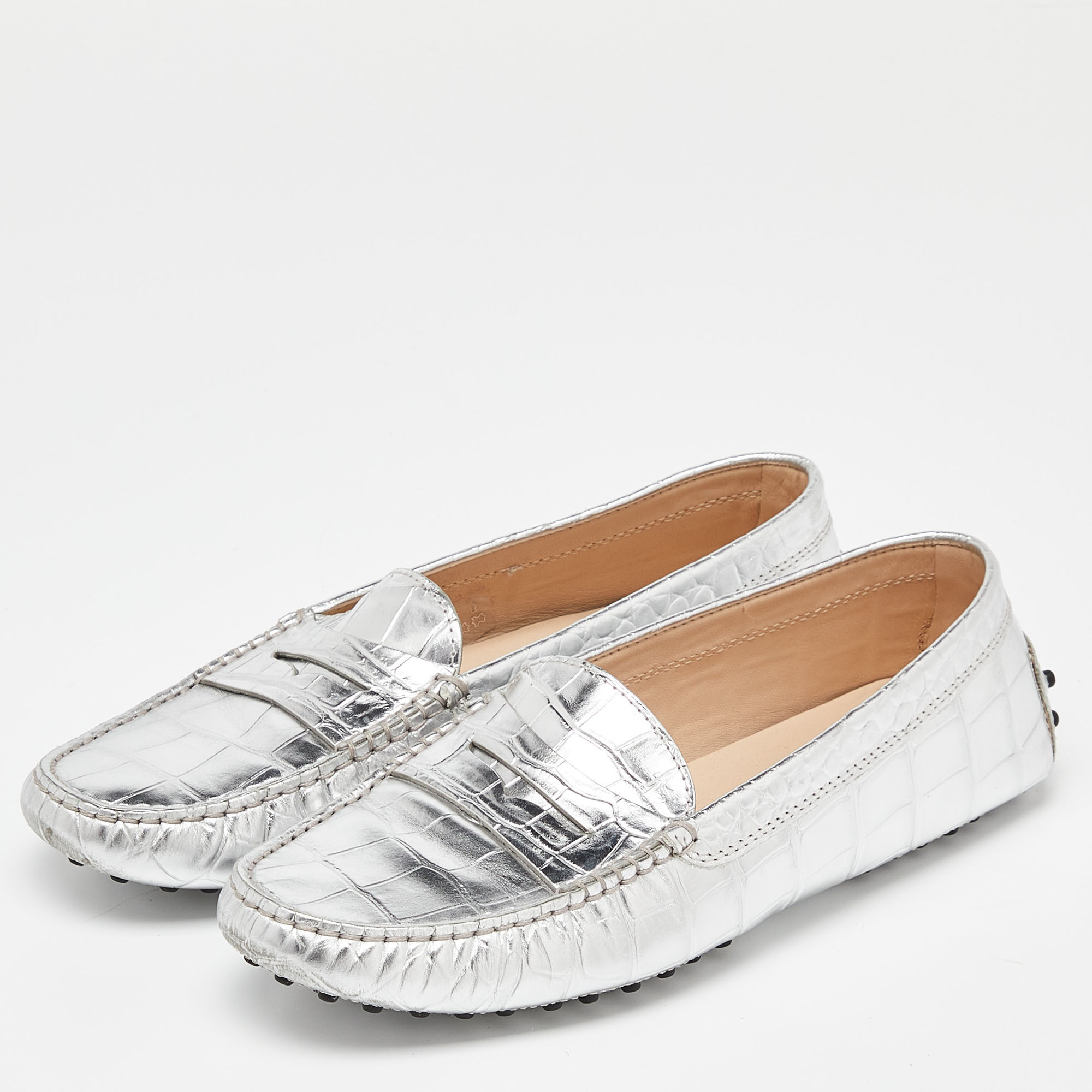 

Tod's Silver Croc Embossed Leather Slip On Loafers Size