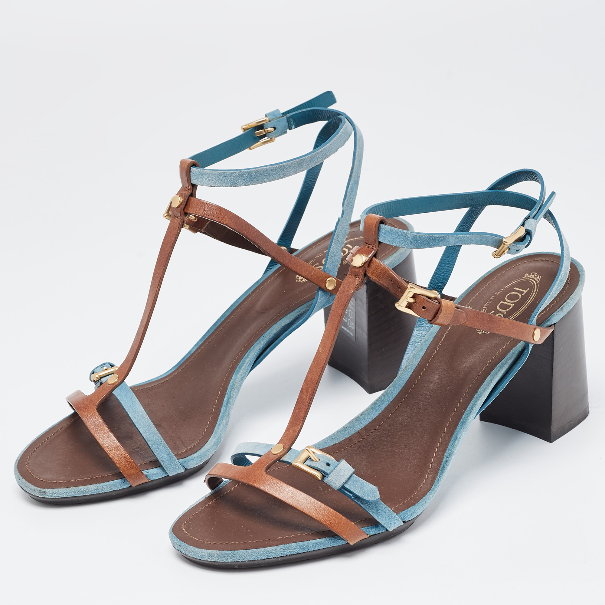 

Tod's Blue/Brown Leather and Suede Buckle Cross Strap Sandals Size