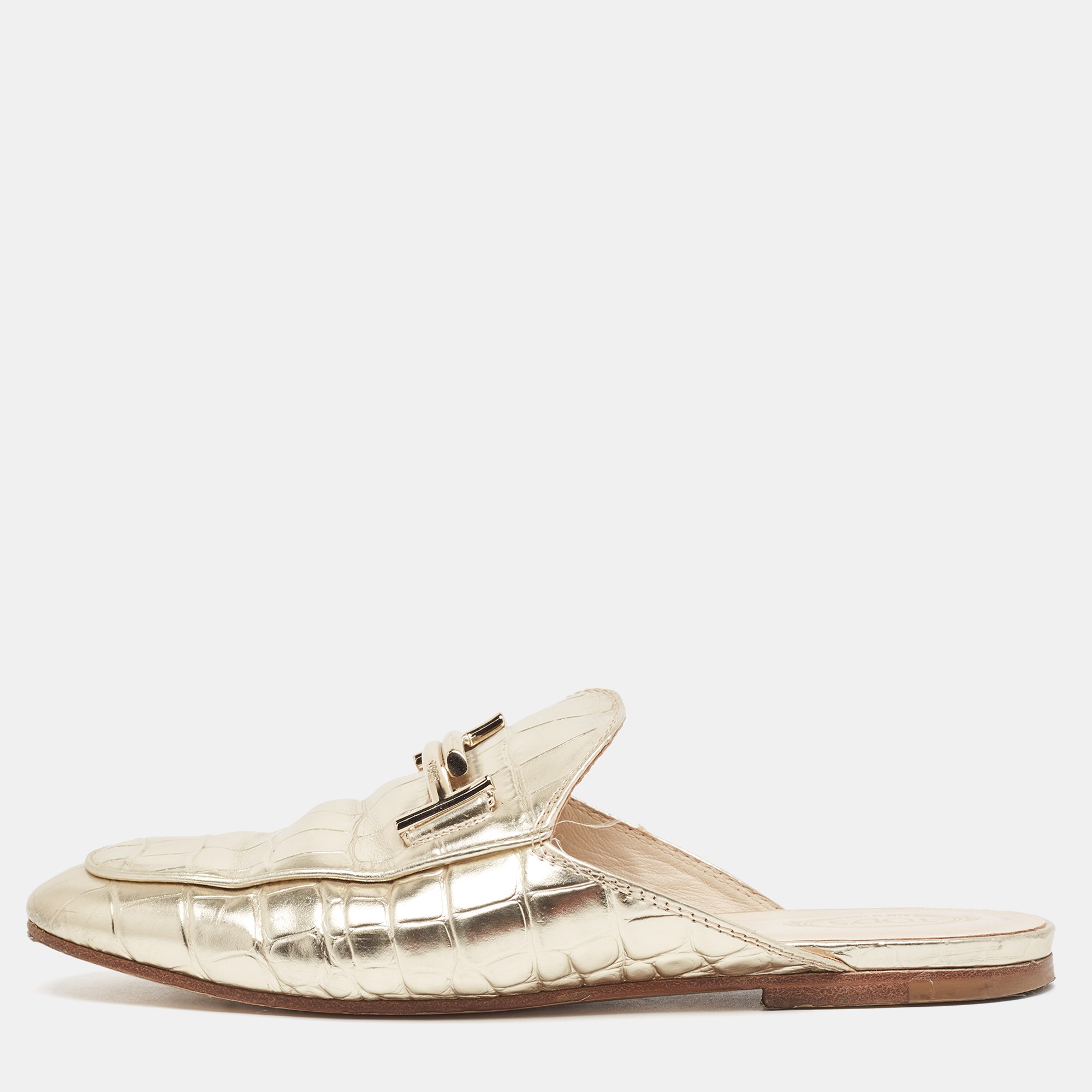 

Tod's Metallic Gold Croc Embossed Leather Double T Mules Size