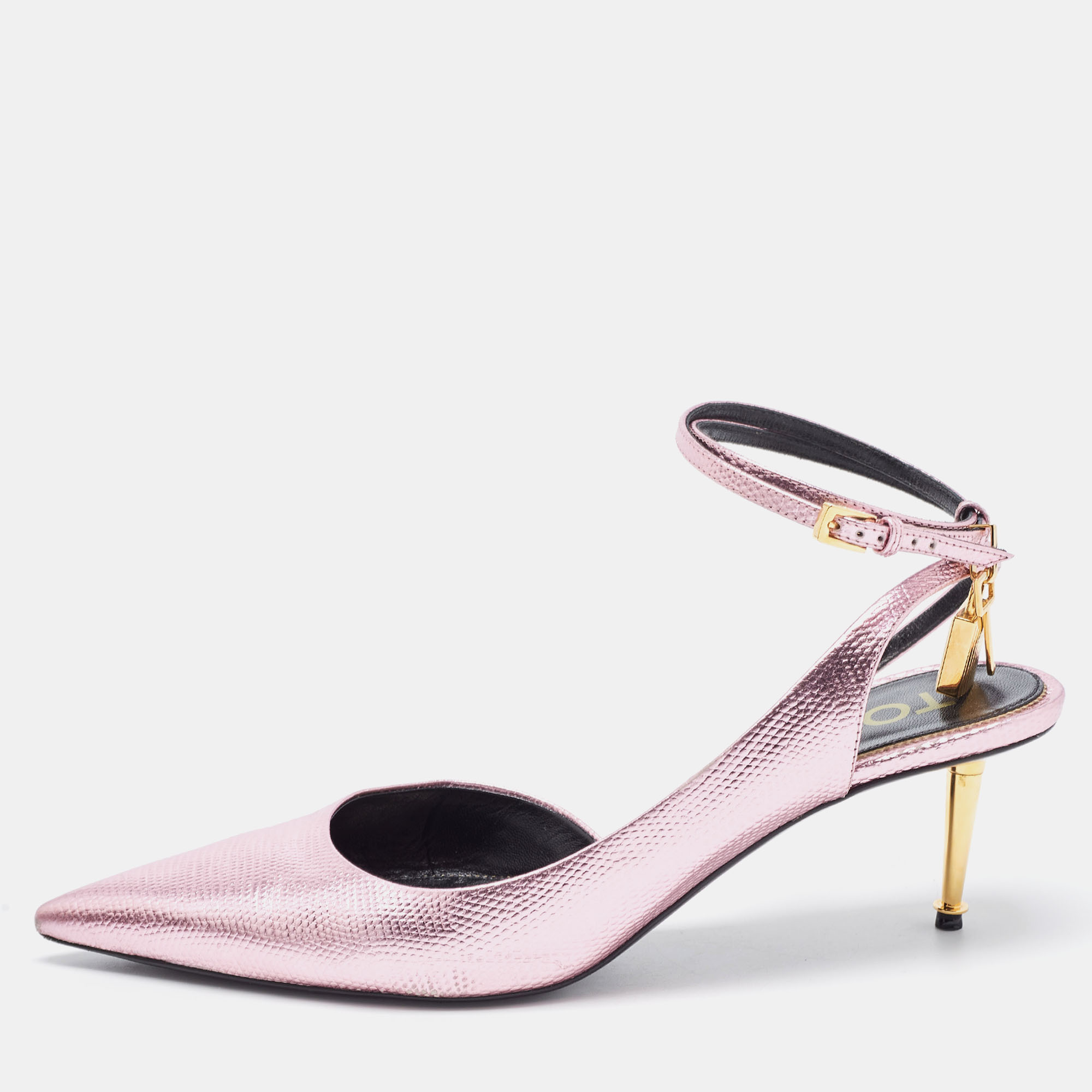 Pre Owned Tom Ford Metallic Pink Lizard Embossed Padlock Ankle Wrap Slingback Pumps Size 41