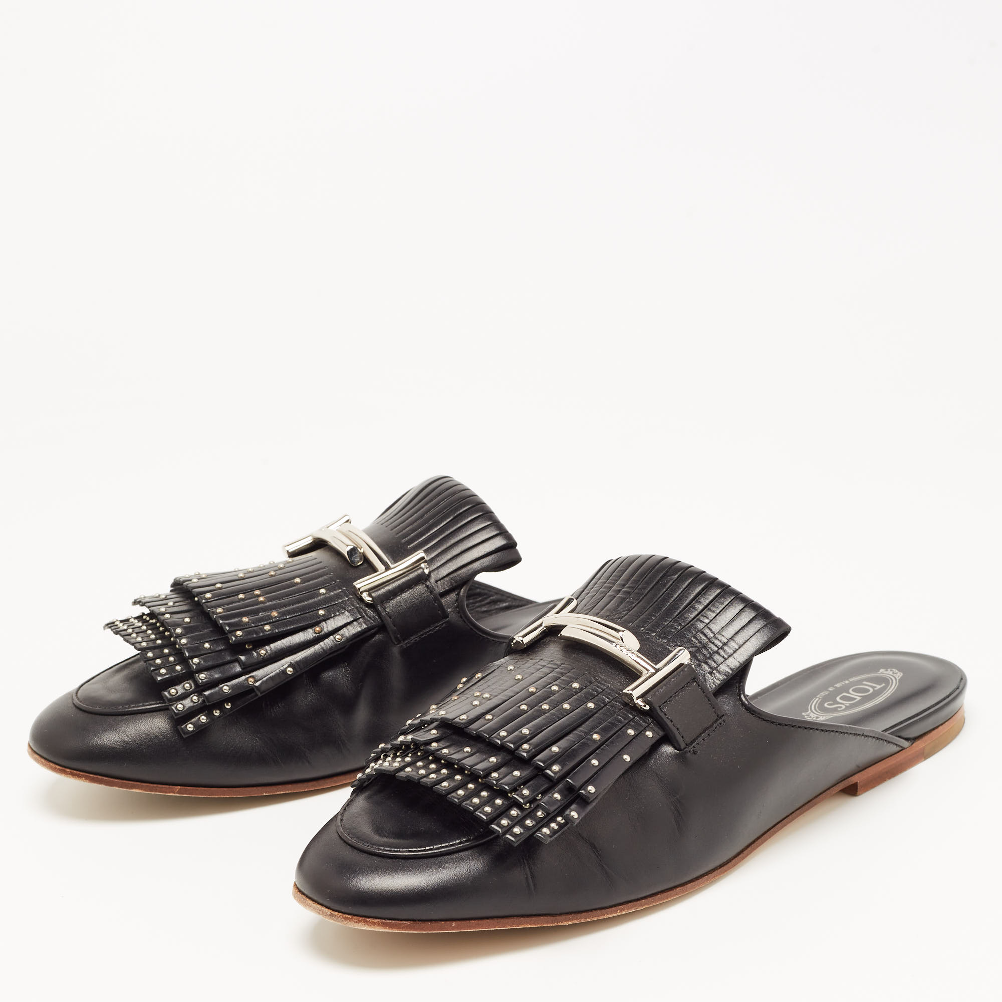 

Tod's Black Studded Leather Double T Buckle Flat Mules Size