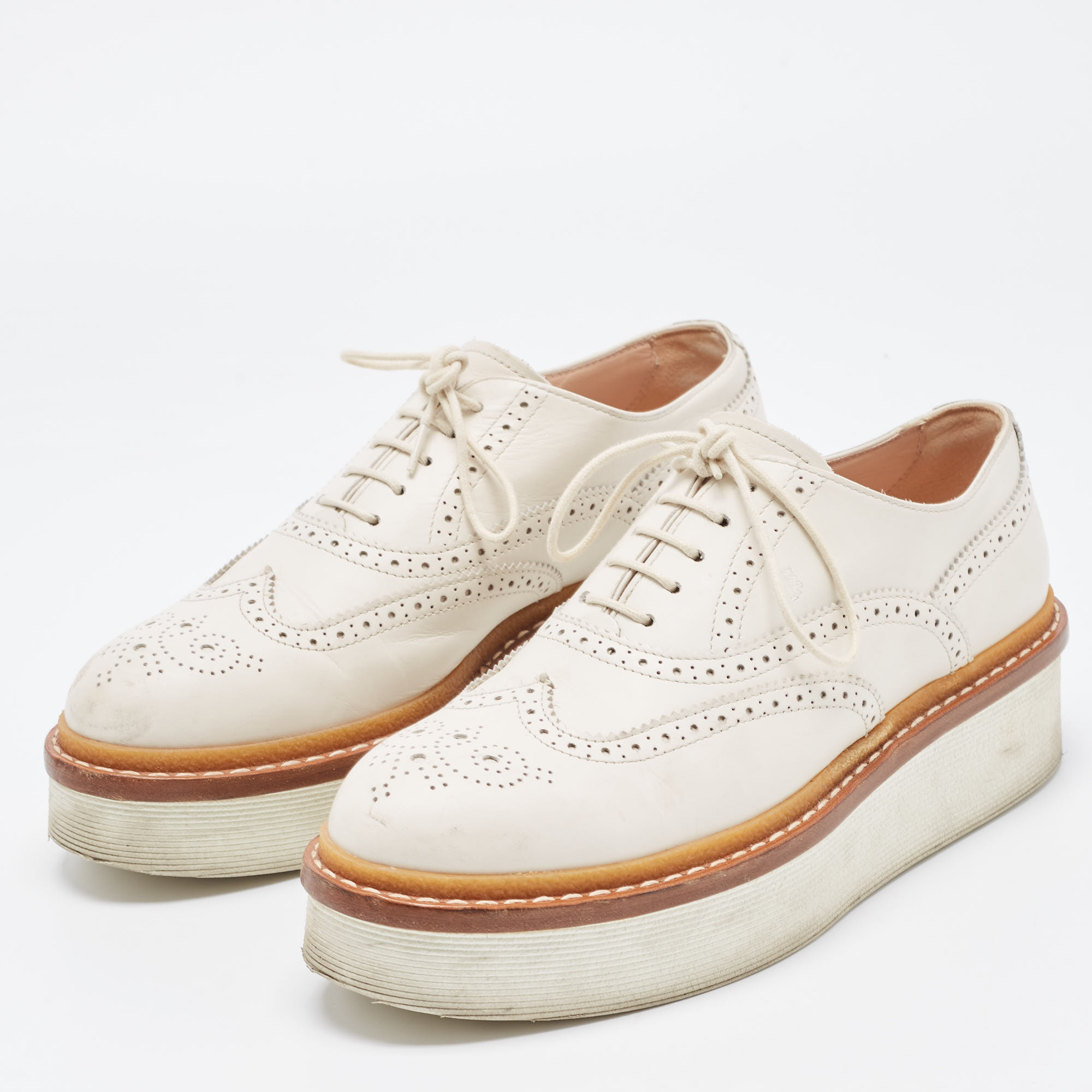 

Tod's White Leather Platform Lace Up Oxfords Size