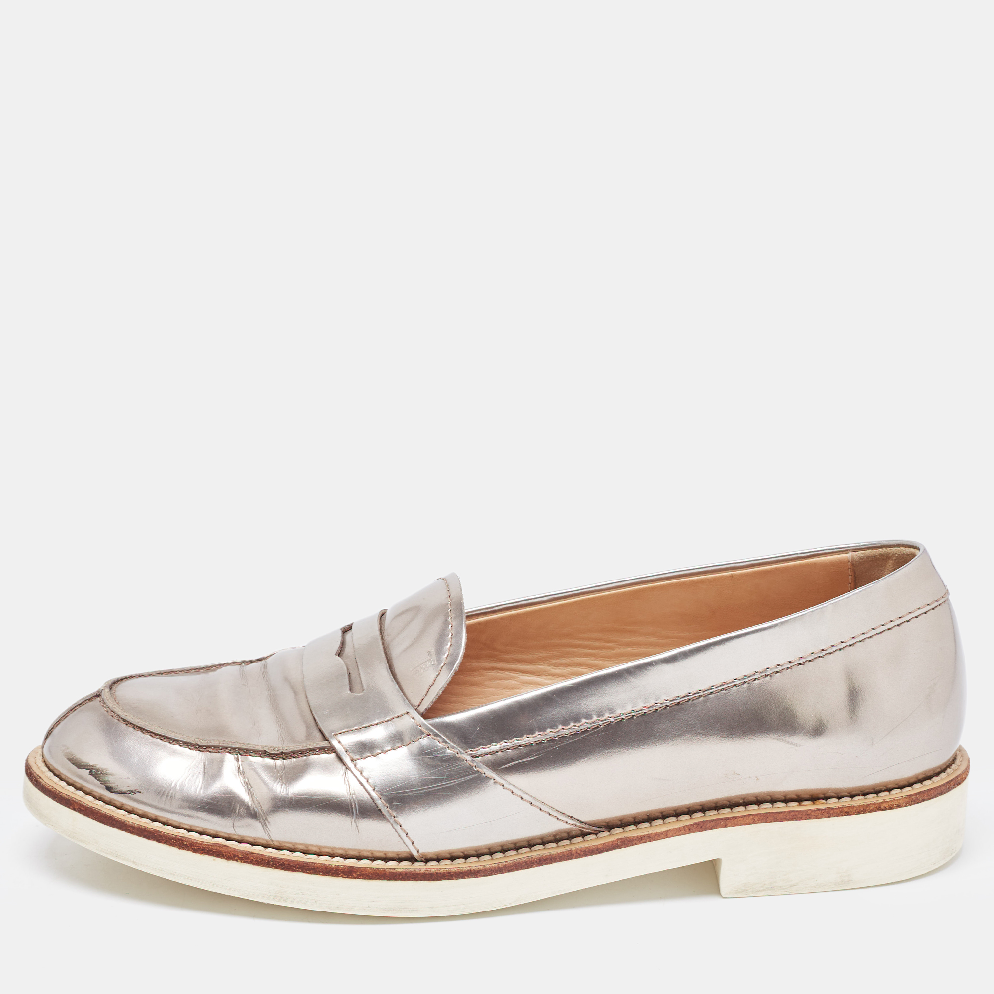 Pre-owned Tod's Metallic Silver Leather Penny Loafers Size 37