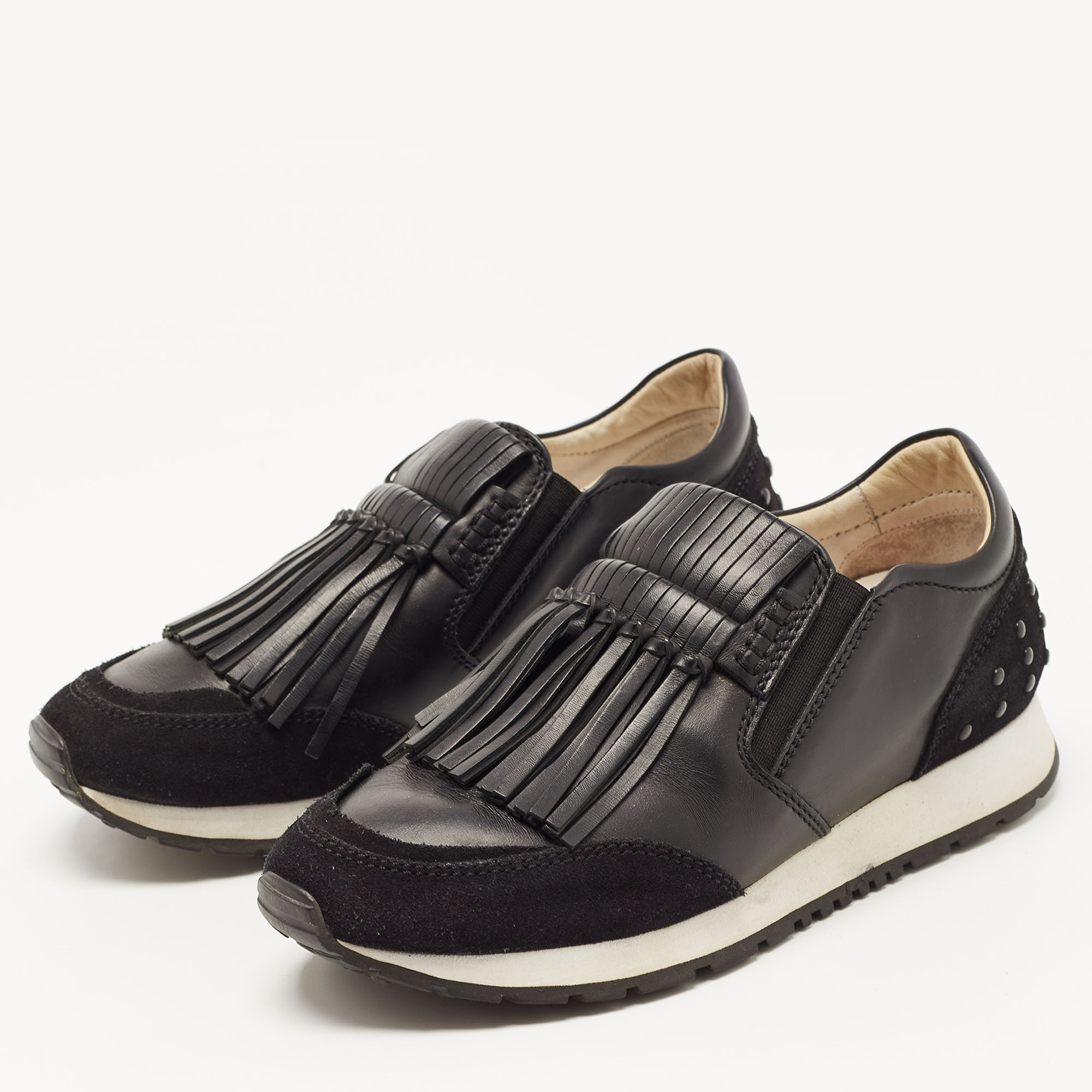 

Tod's Black Suede and Leather Fringe Detail Slip On Sneakers Size
