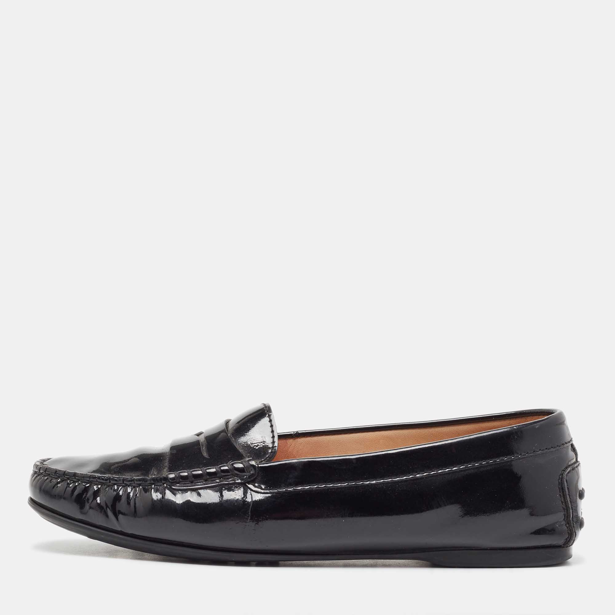 

Tod's Black Patent Leather Penny Slip On Loafers Size