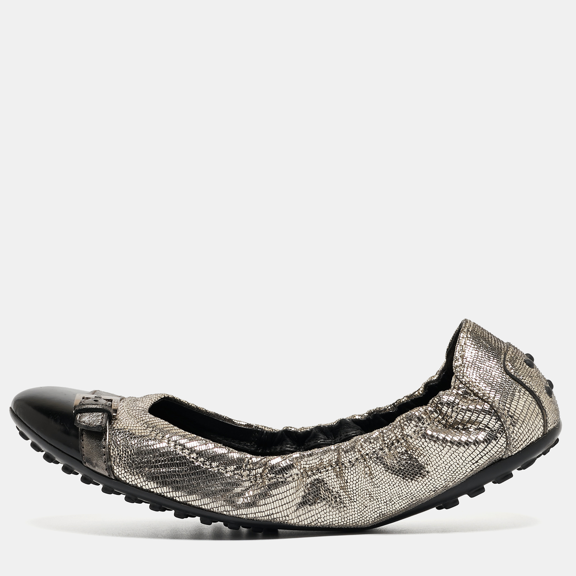 

Tod's Sliver/Black Textured Suede and Leather Buckle Detail Scrunch Ballet Flats Size, Silver