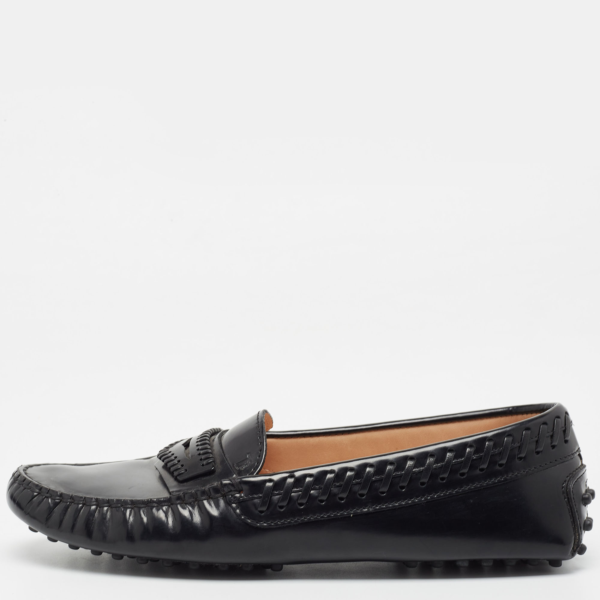 

Tod's Black Leather Whip Stitch Detail Penny Loafers Size
