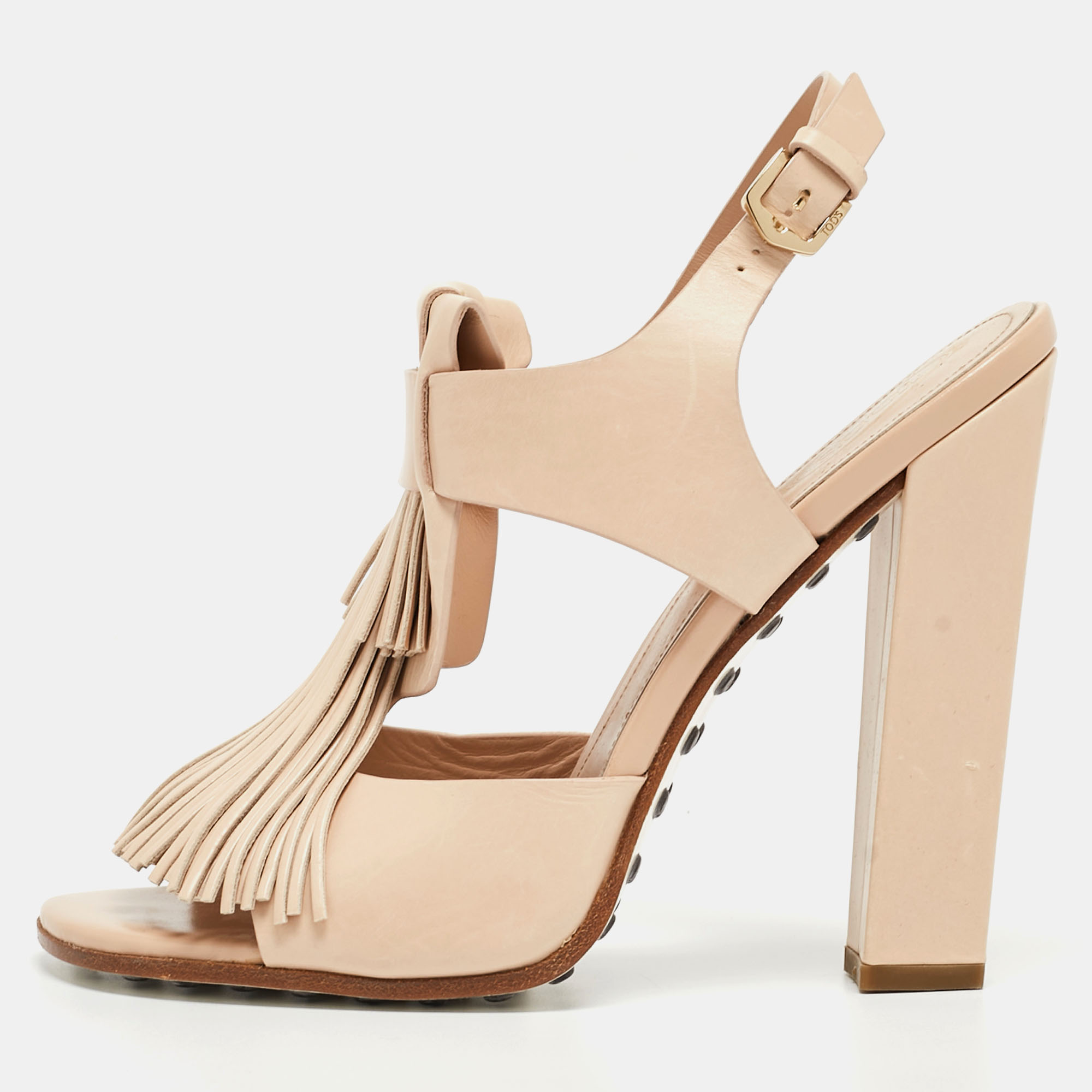 Pre-owned Tod's Beige Leather Fringe Ankle Strap Sandals Size 38