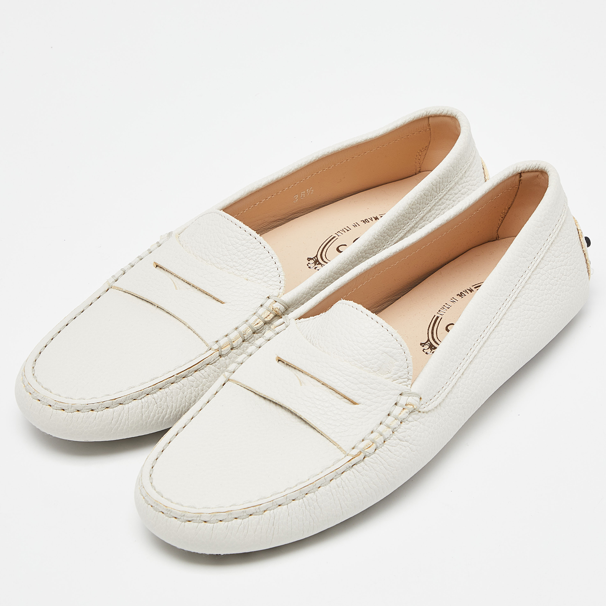 

Tod's White Leather Gommino Driving Loafers Size