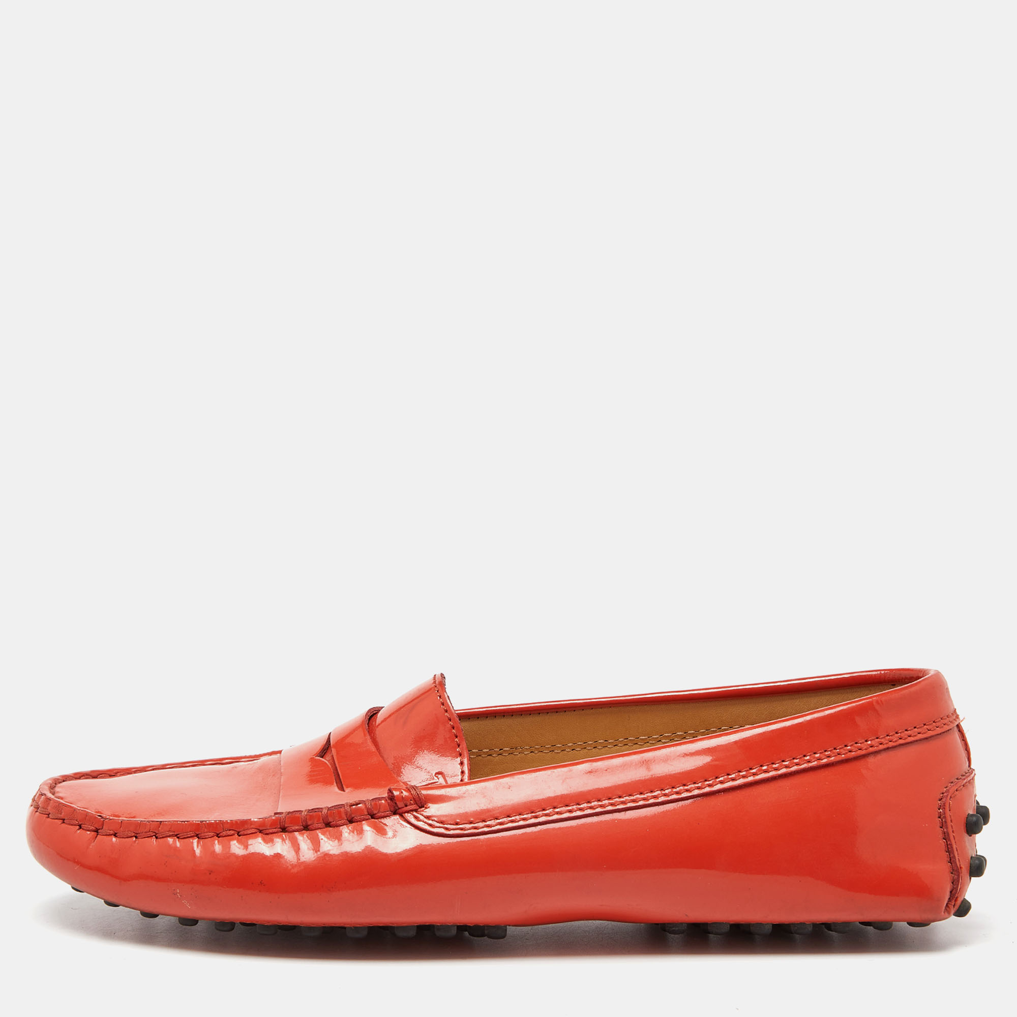 Pre-owned Tod's Orange Patent Leather Penny Slip On Loafers Size 37