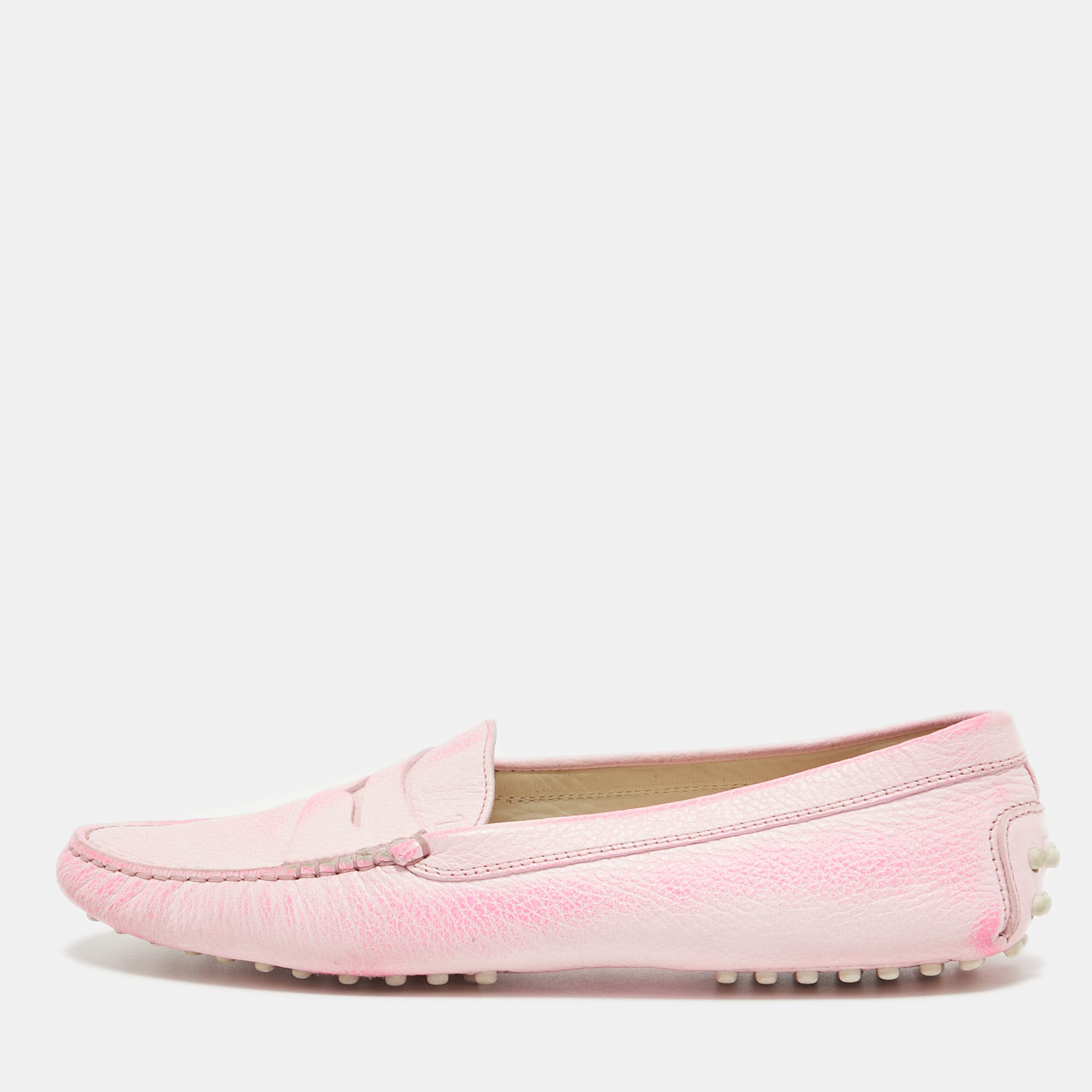 Pre-owned Tod's Pink Leather Slip On Loafers Size 40.5
