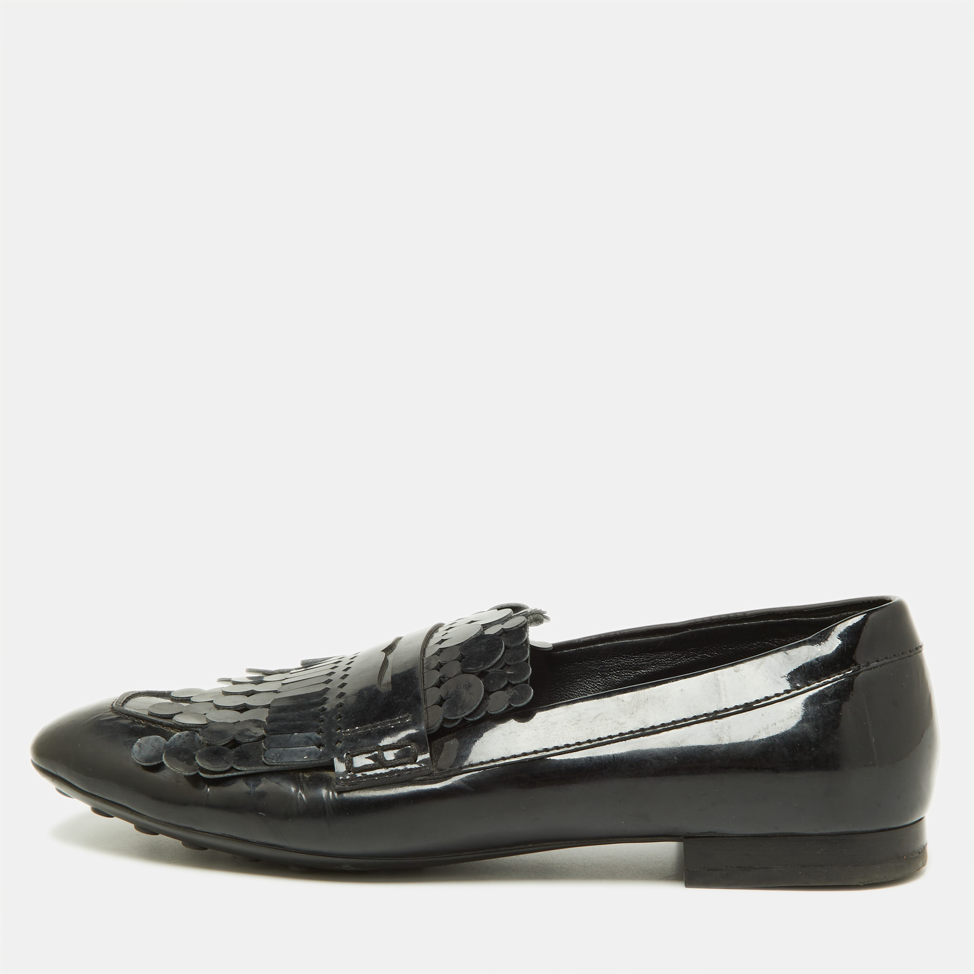 

Tod's Black Patent Leather Laser Cut Fringe Loafers Size