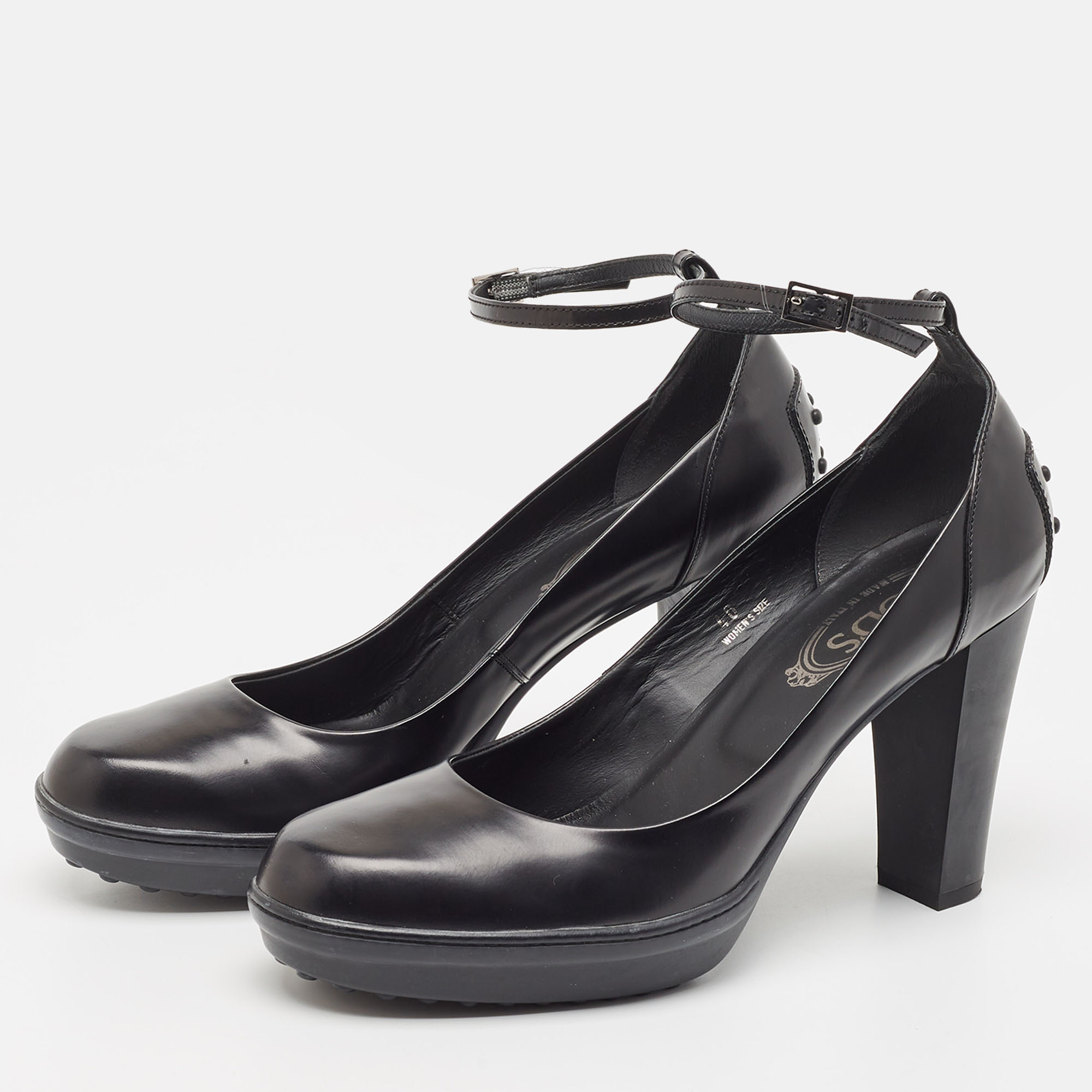 

Tod's Black Leather Platform Ankle Strap Pumps Size