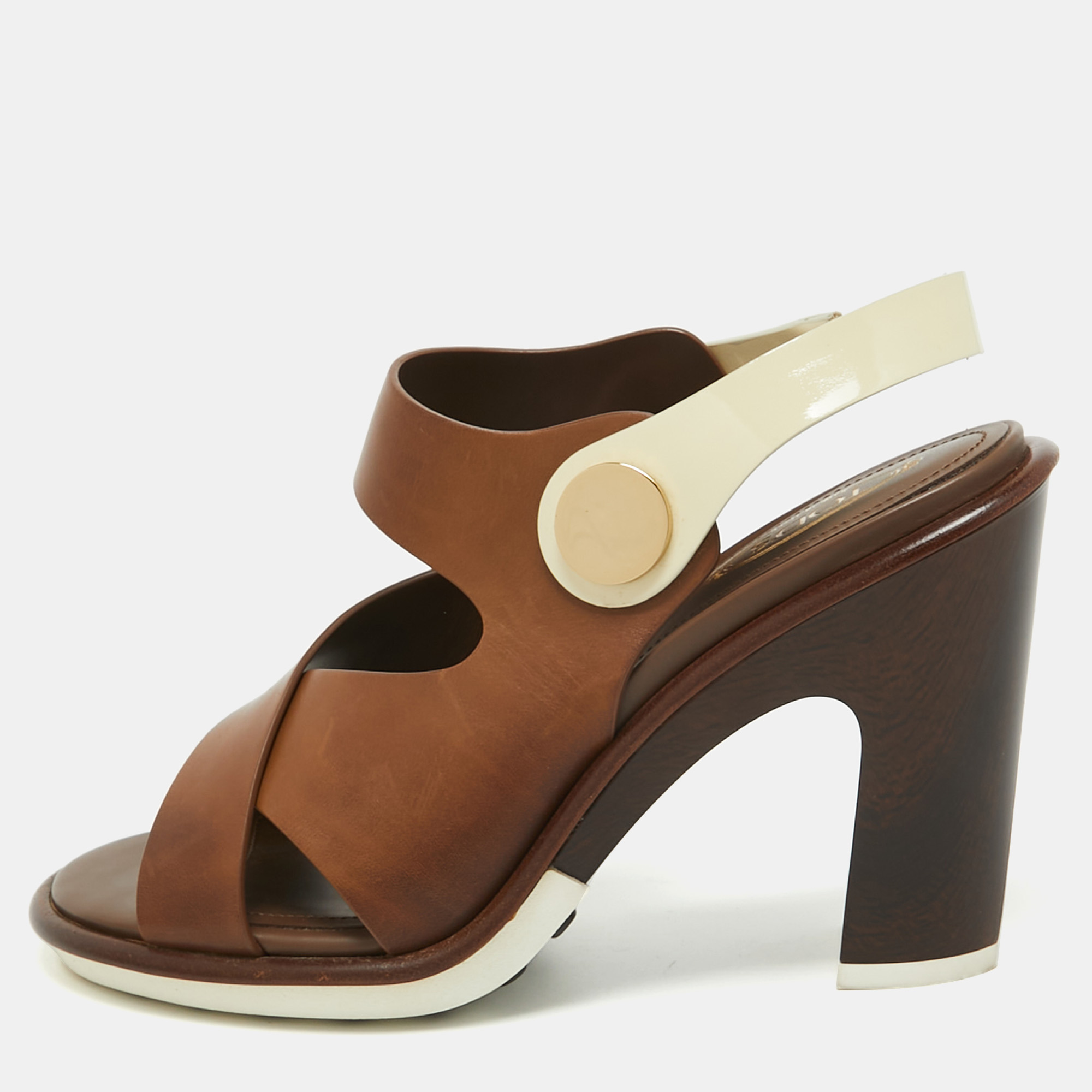 

Tod's Brown/Cream Leather Slingback Block Heel Sandals Size