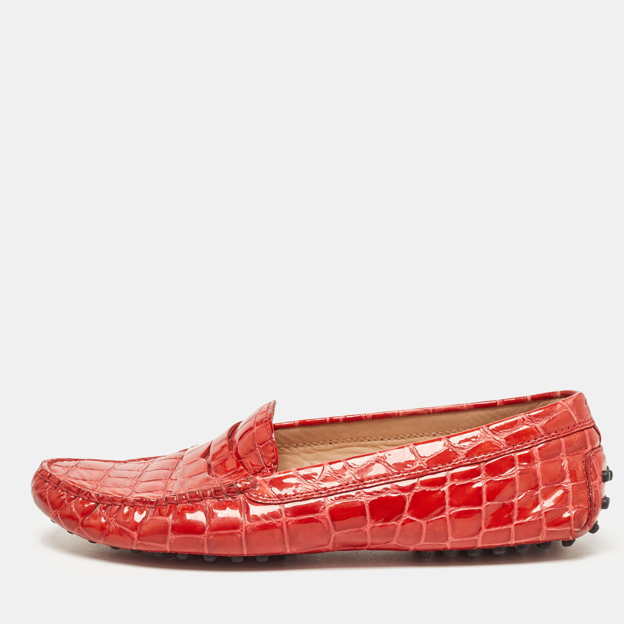 

Tod's Red Croc Embossed Patent Leather Penny Loafers Size