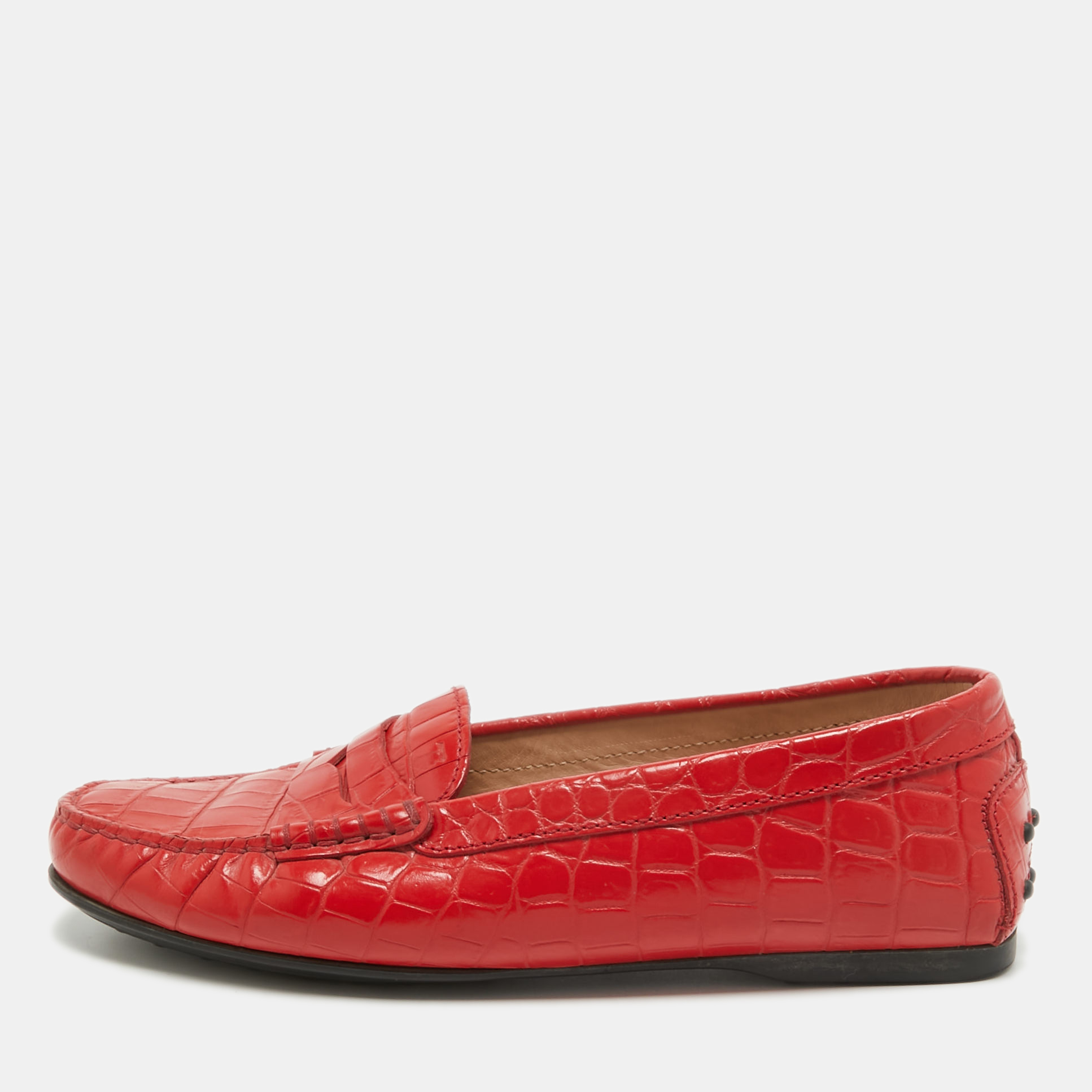 Pre-owned Tod's Red Croc Embossed Leather Penny Slip On Loafers Size 36