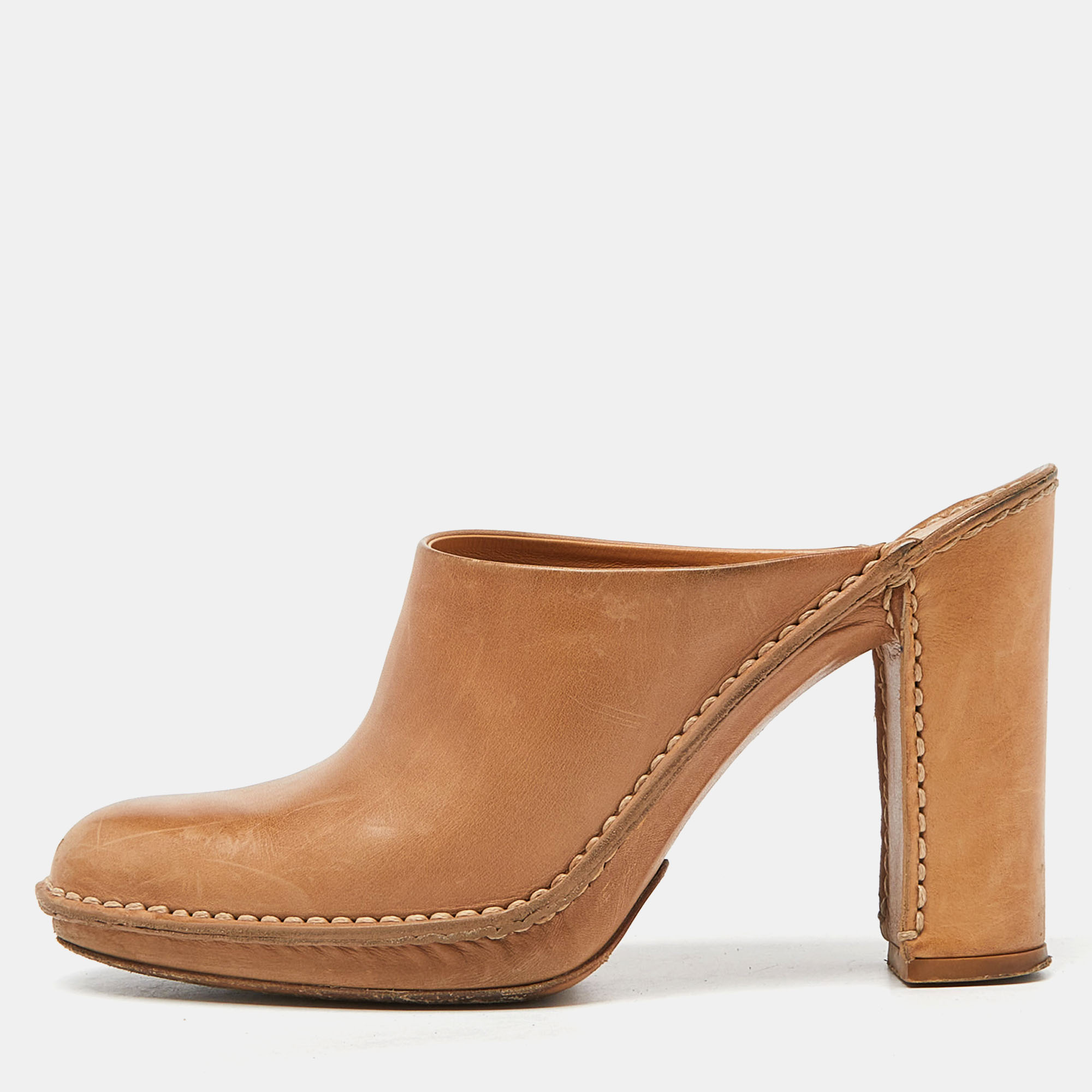 Tod's Beige Leather Block Heel Mules Size 36