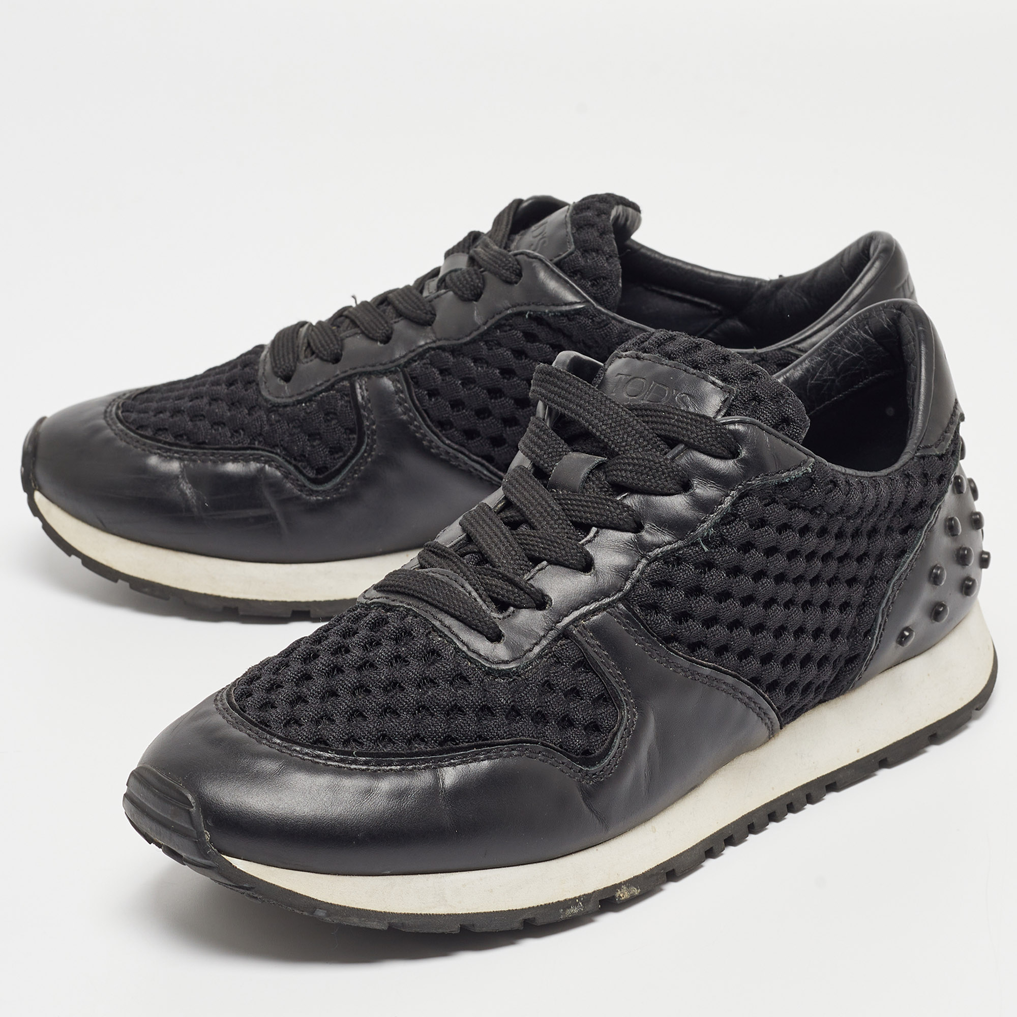 Tod`s Black Leather and Fabric Low Top Sneakers Size 38 
