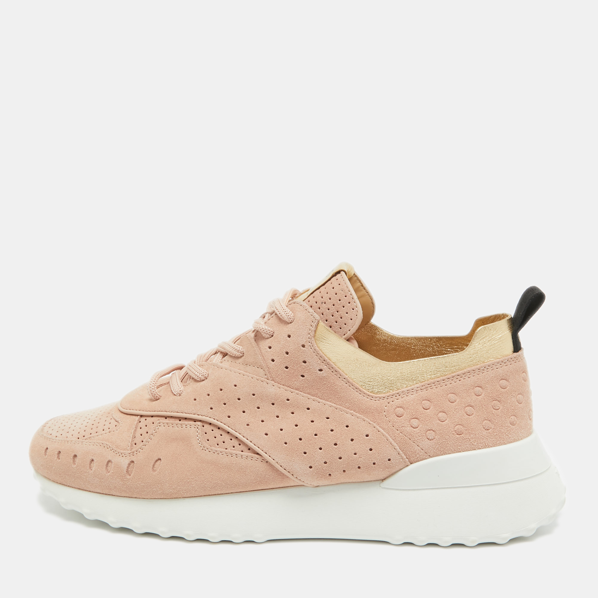 

Tod's Pink/Gold Suede and Leather Perforated Low Top Sneakers Size