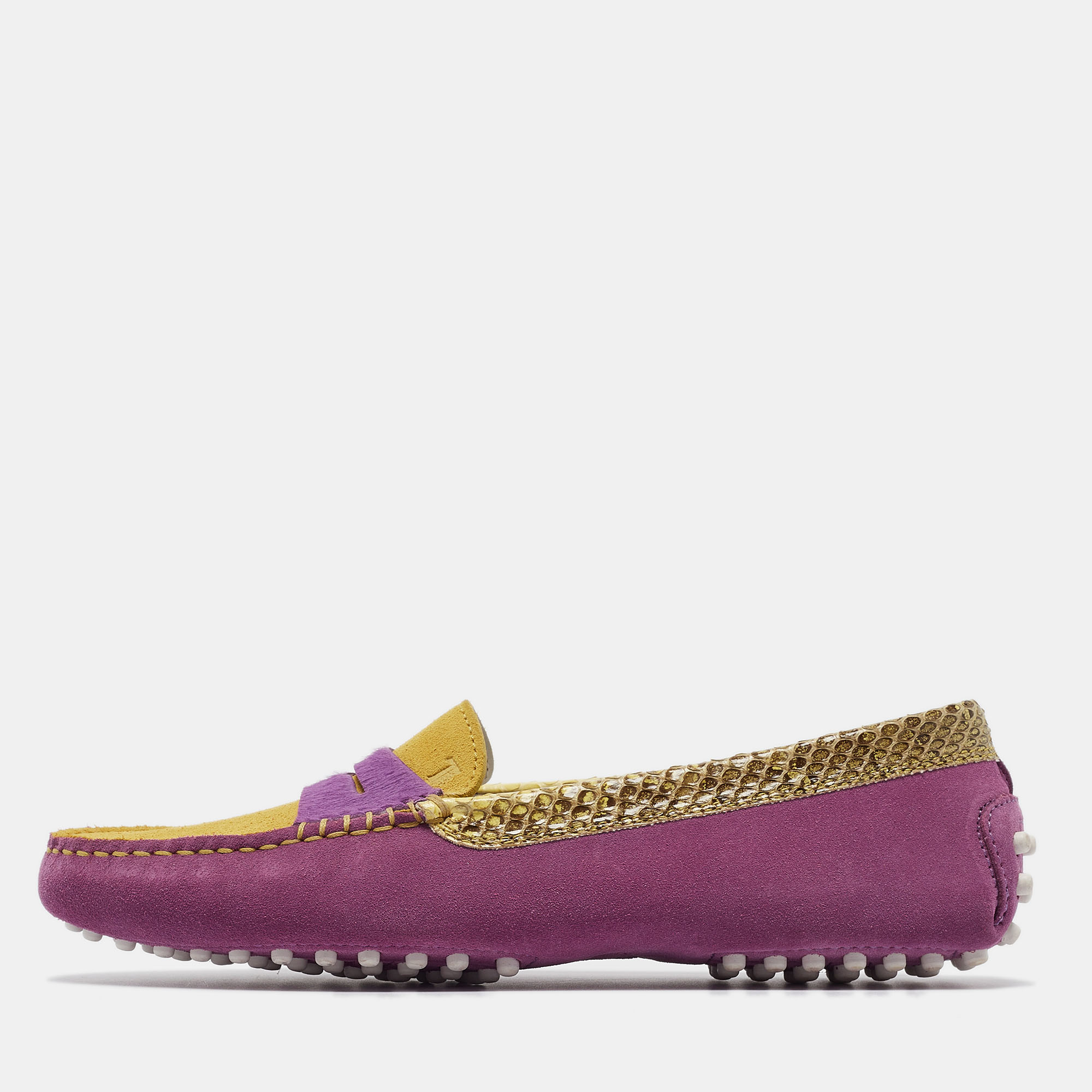 

Tod's Purple/Yellow Suede and Snakeskin Slip On Loafers Size