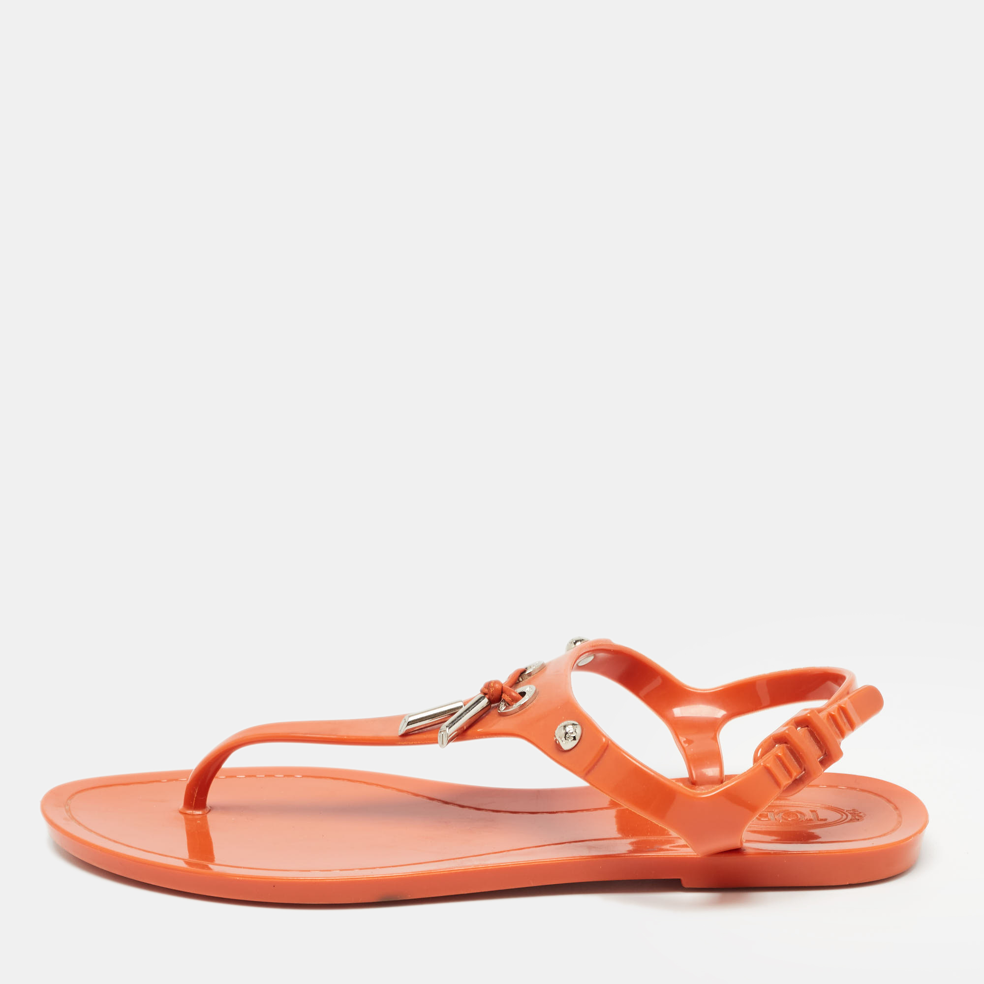 Pre-owned Tod's Orange Rubber Thong Flat Sandals Size 38