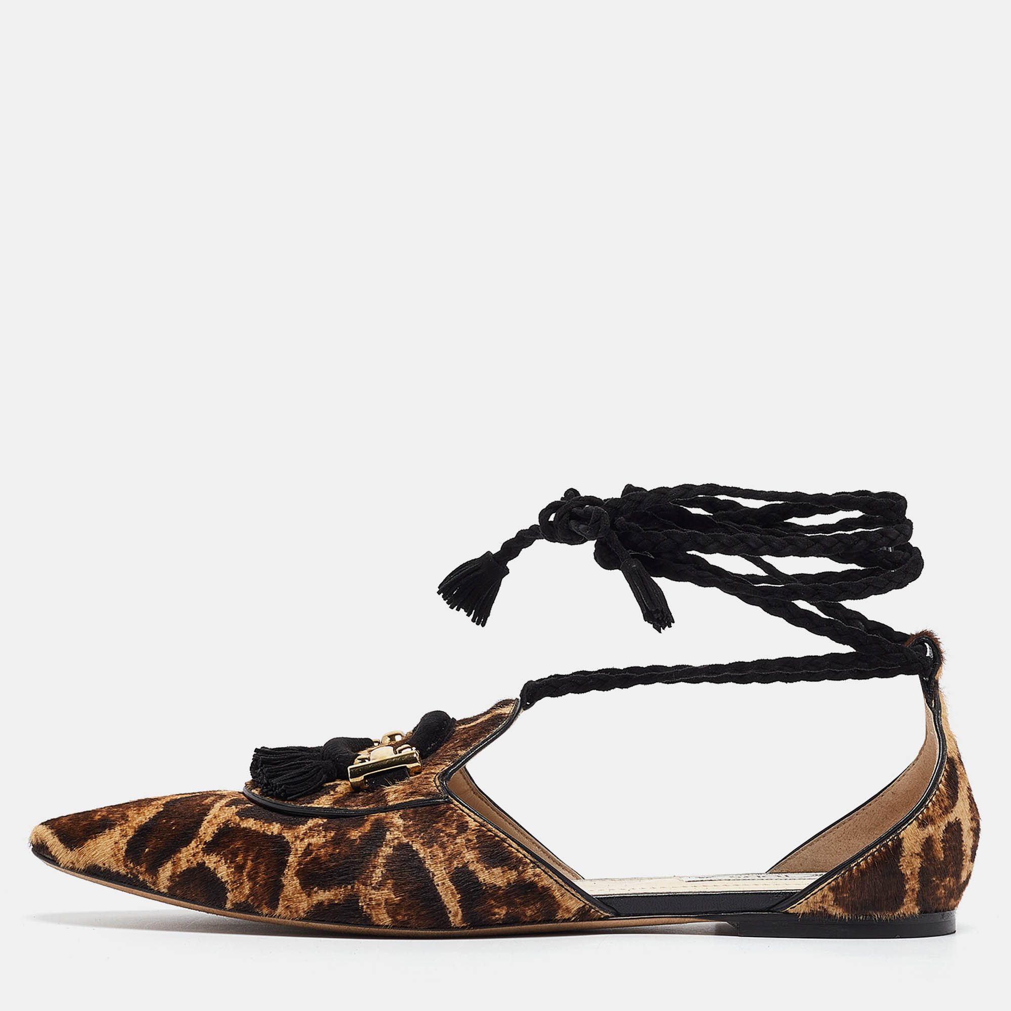 

Tod's Brown/Beige Animal Print Calf Hair Ankle Tie Flats Size