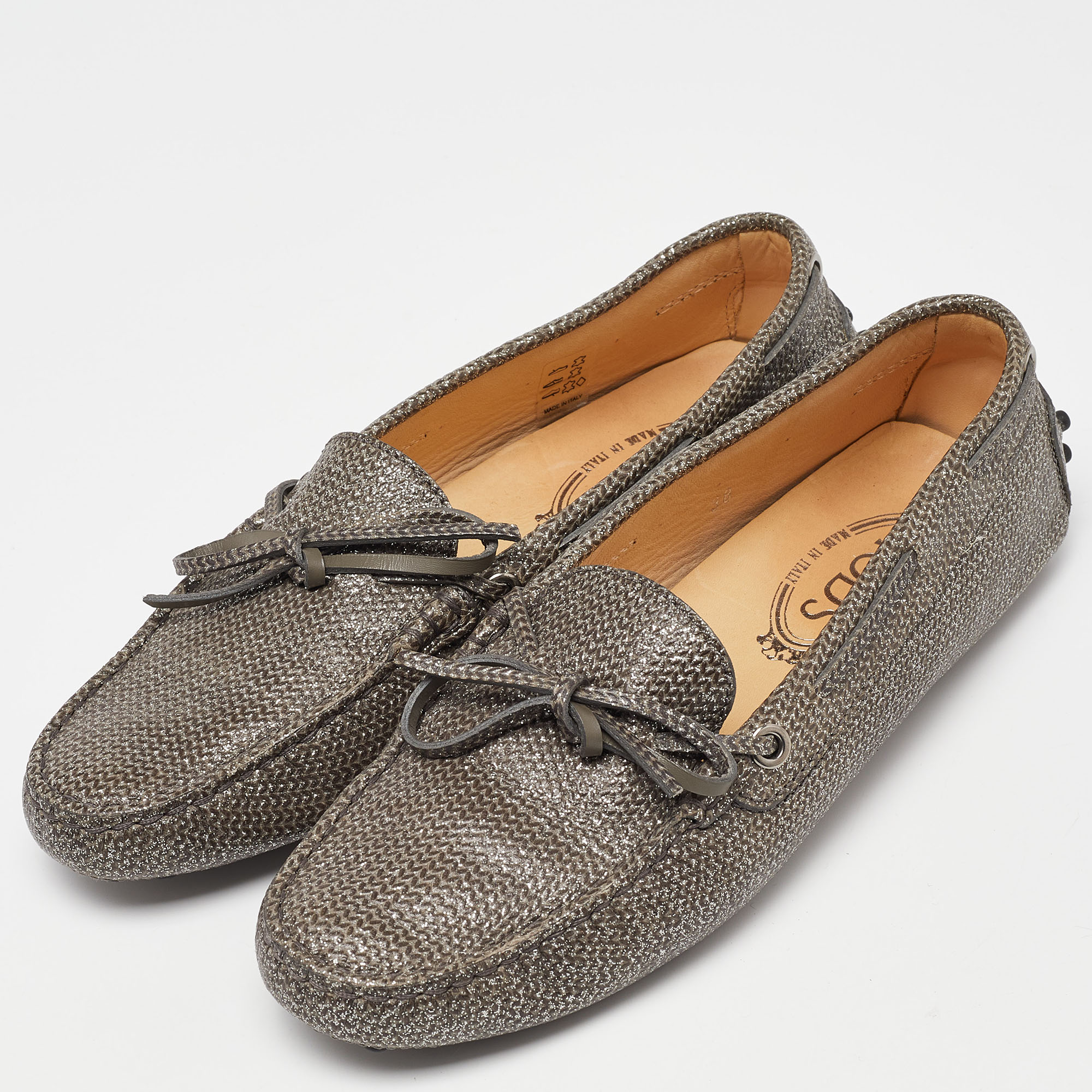 Tod`s Grey/Silver Glitter and Leather Slip on Loafers Size 38 