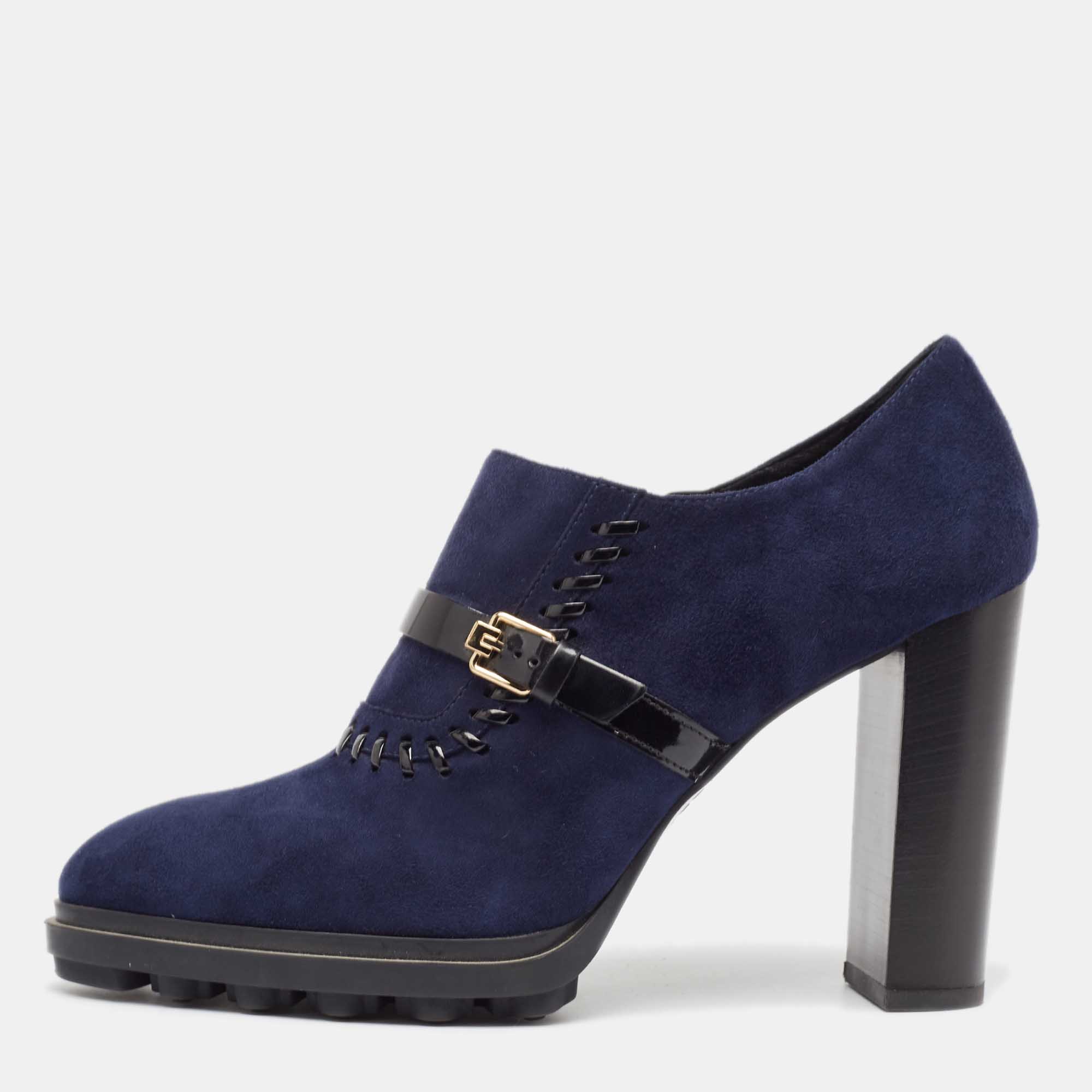Pre-owned Tod's Navy Blue/black Suede And Patent Leather Whipstitch Detail Ankle Booties Size 40.5