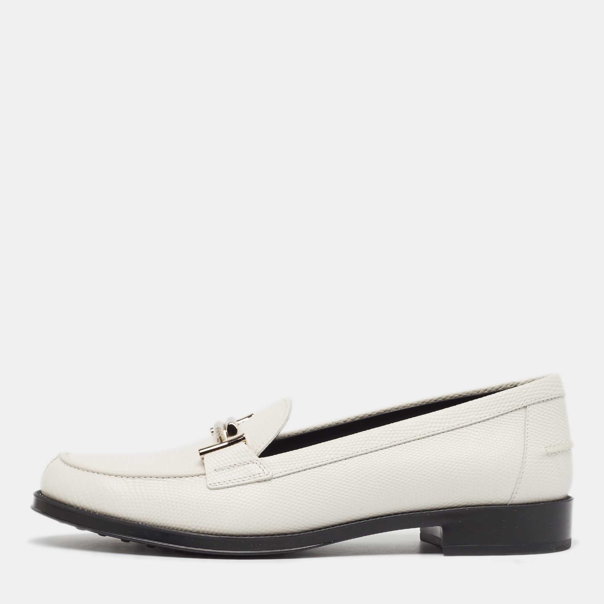 

Tod's White Lizard Embossed Leather Penny Loafers Size