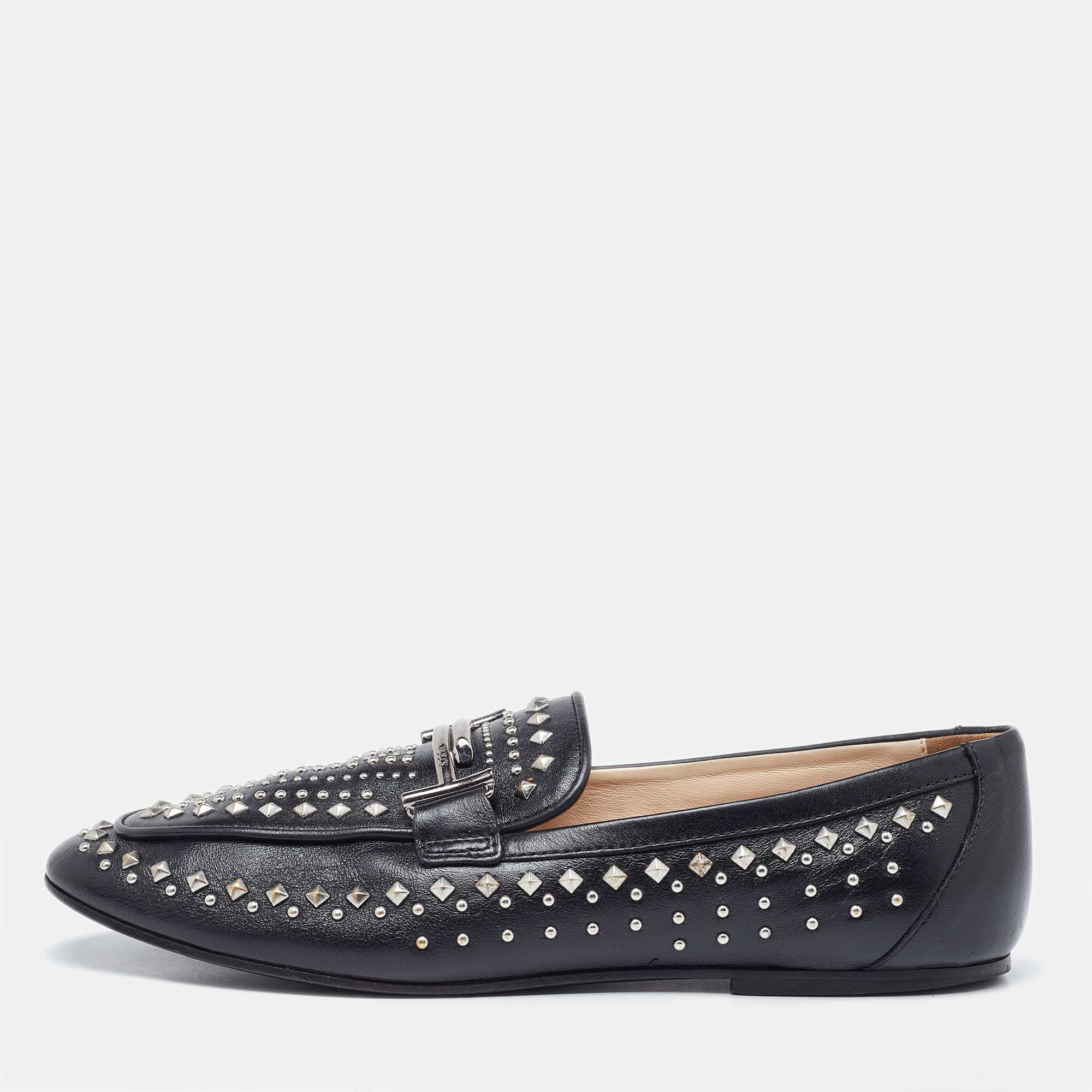

Tod's Black Leather Studded Double T Slip On Loafers Size